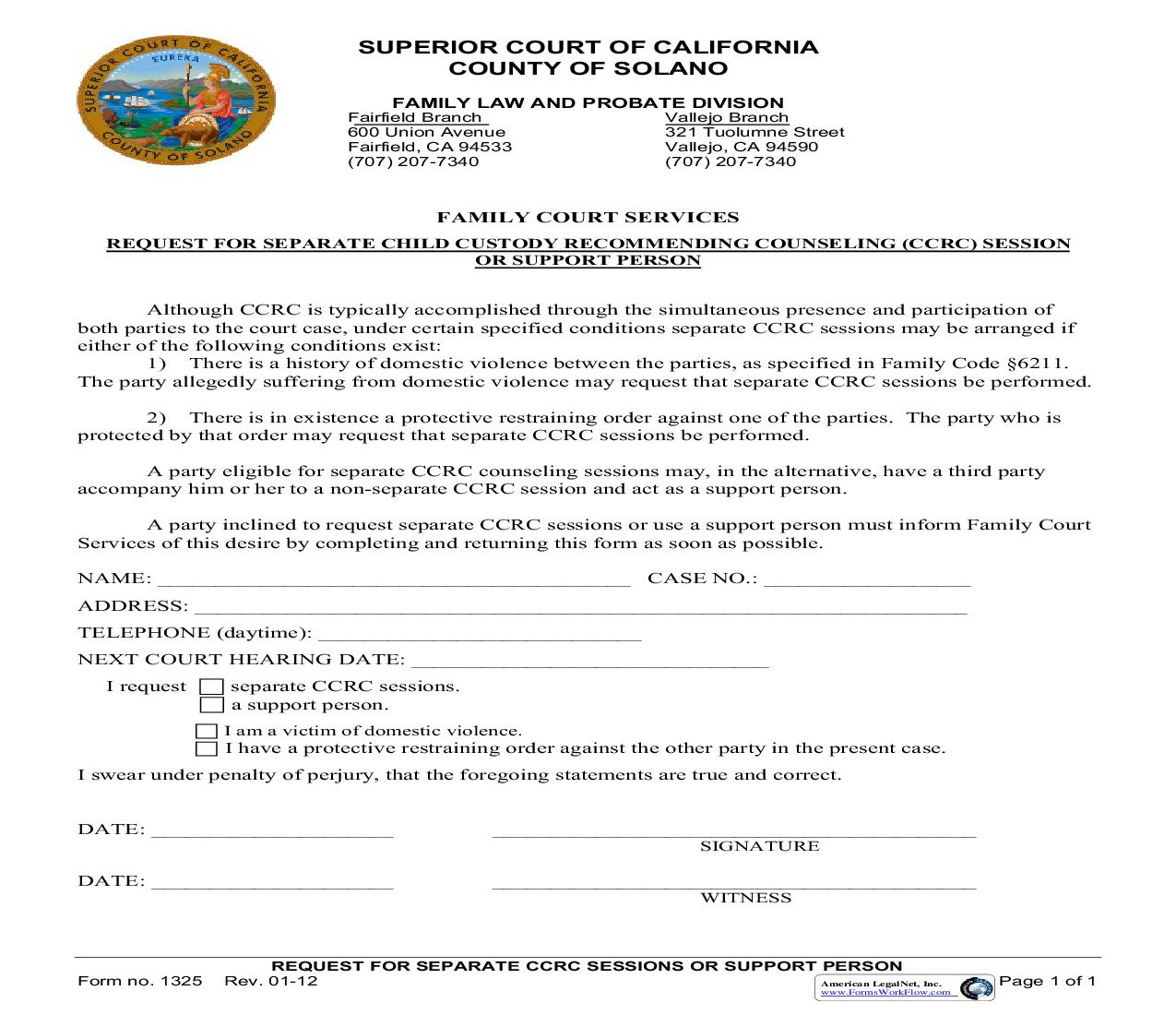 Request For Separate Mediation Session Or Support Person {1325} | Pdf Fpdf Doc Docx | California