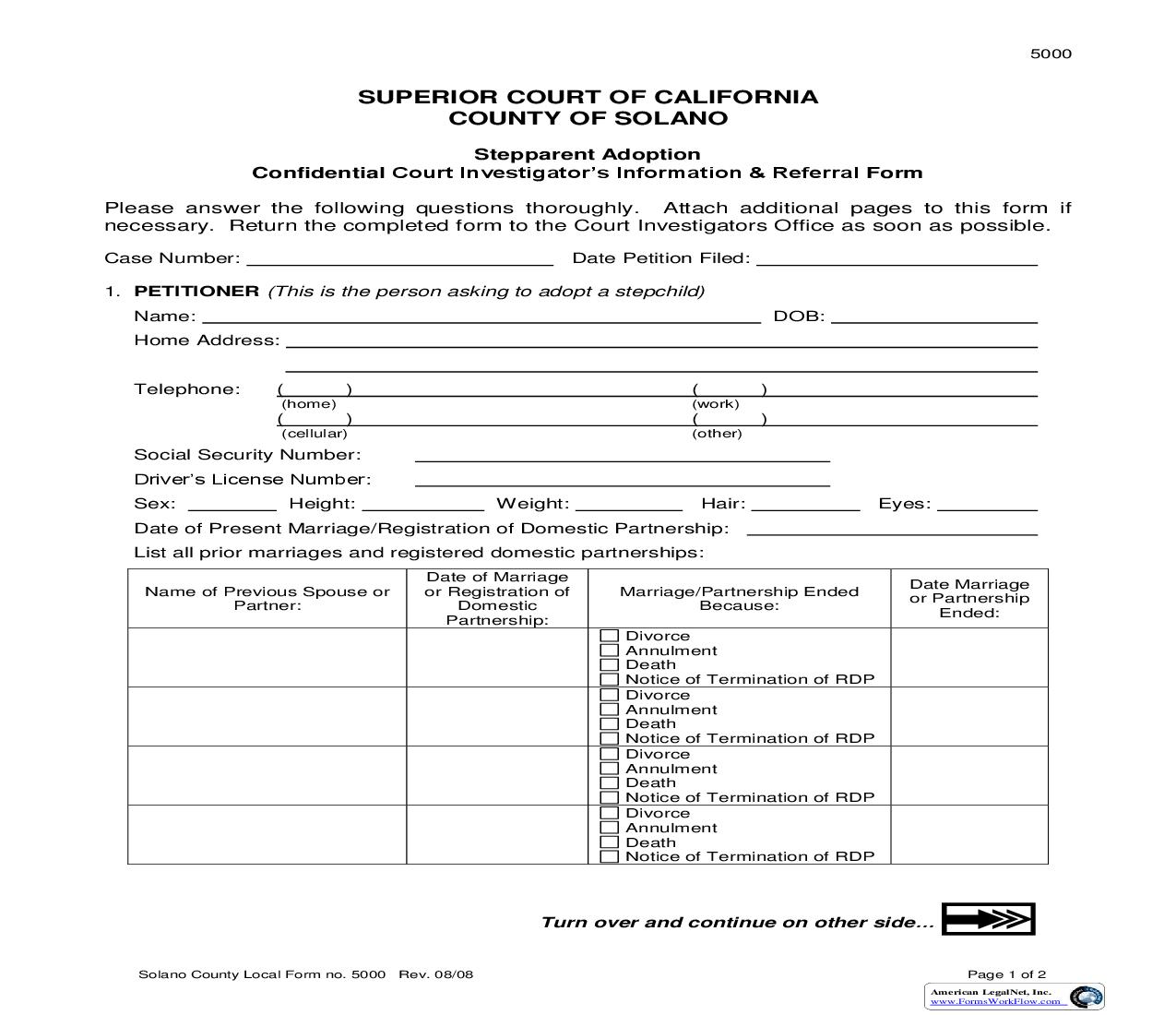 Stepparent Adoption Confidential Court Investigators Information And Referral Form {5000} | Pdf Fpdf Doc Docx | California