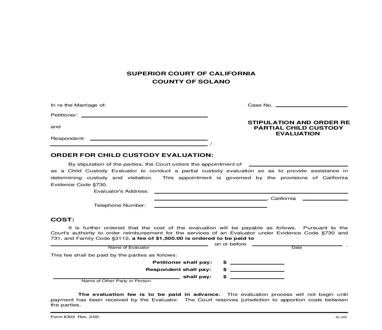 Stipulation And Order Re Partial Child Custody Evaluation {303} | Pdf Fpdf Doc Docx | California