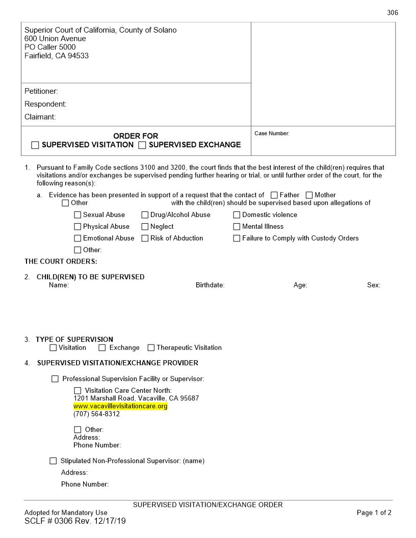 Supervised Visitation Supervised Exchange Order {306} | Pdf Fpdf Docx | California