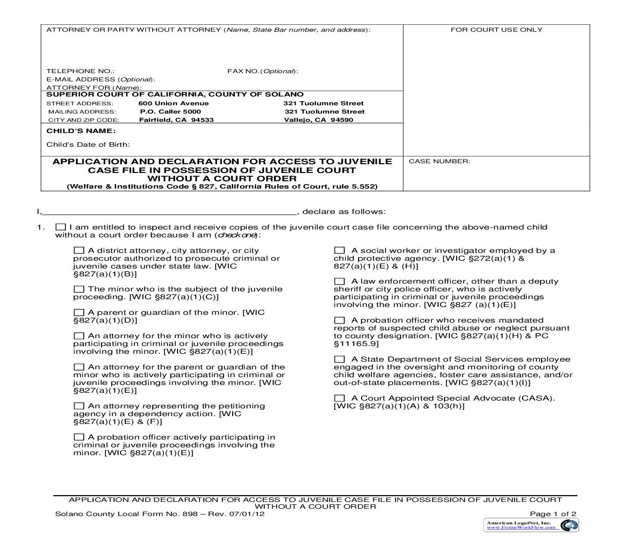 Application And Declaration For Access To Juvenile Case File {898} | Pdf Fpdf Doc Docx | California