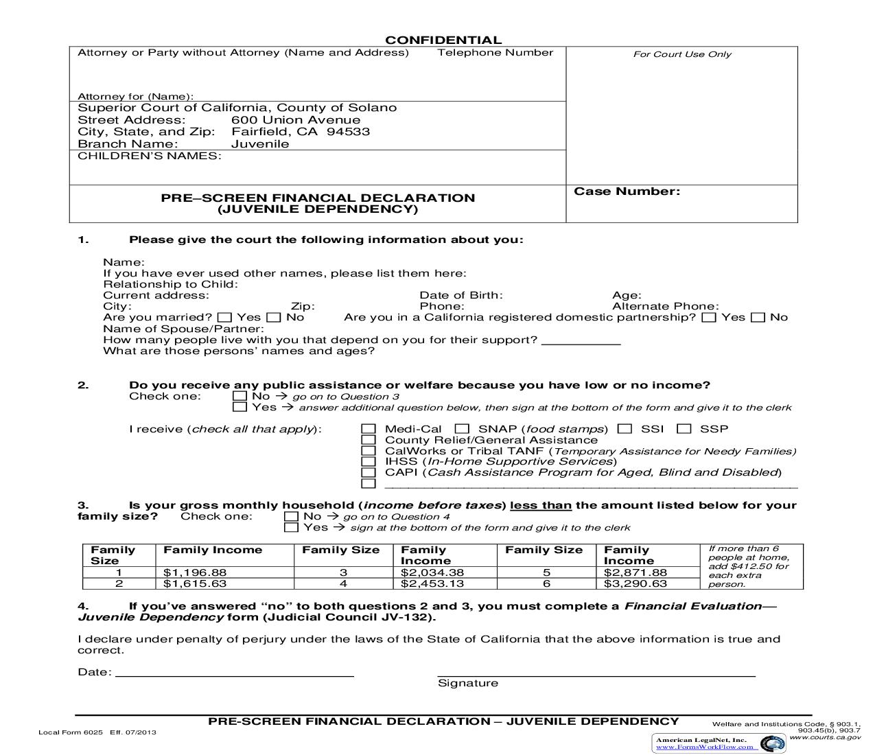Pre-Screen Financial Declaration-Juvenile Dependency {6025} | Pdf Fpdf Doc Docx | California