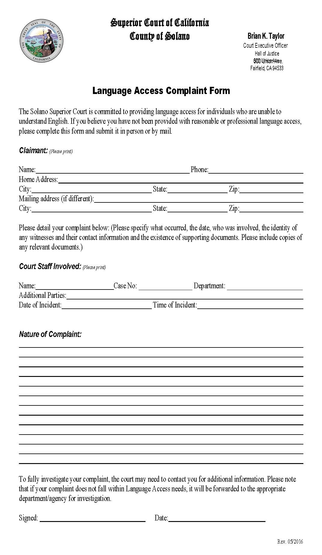 Language Access Complaint Form | Pdf Fpdf Doc Docx | California