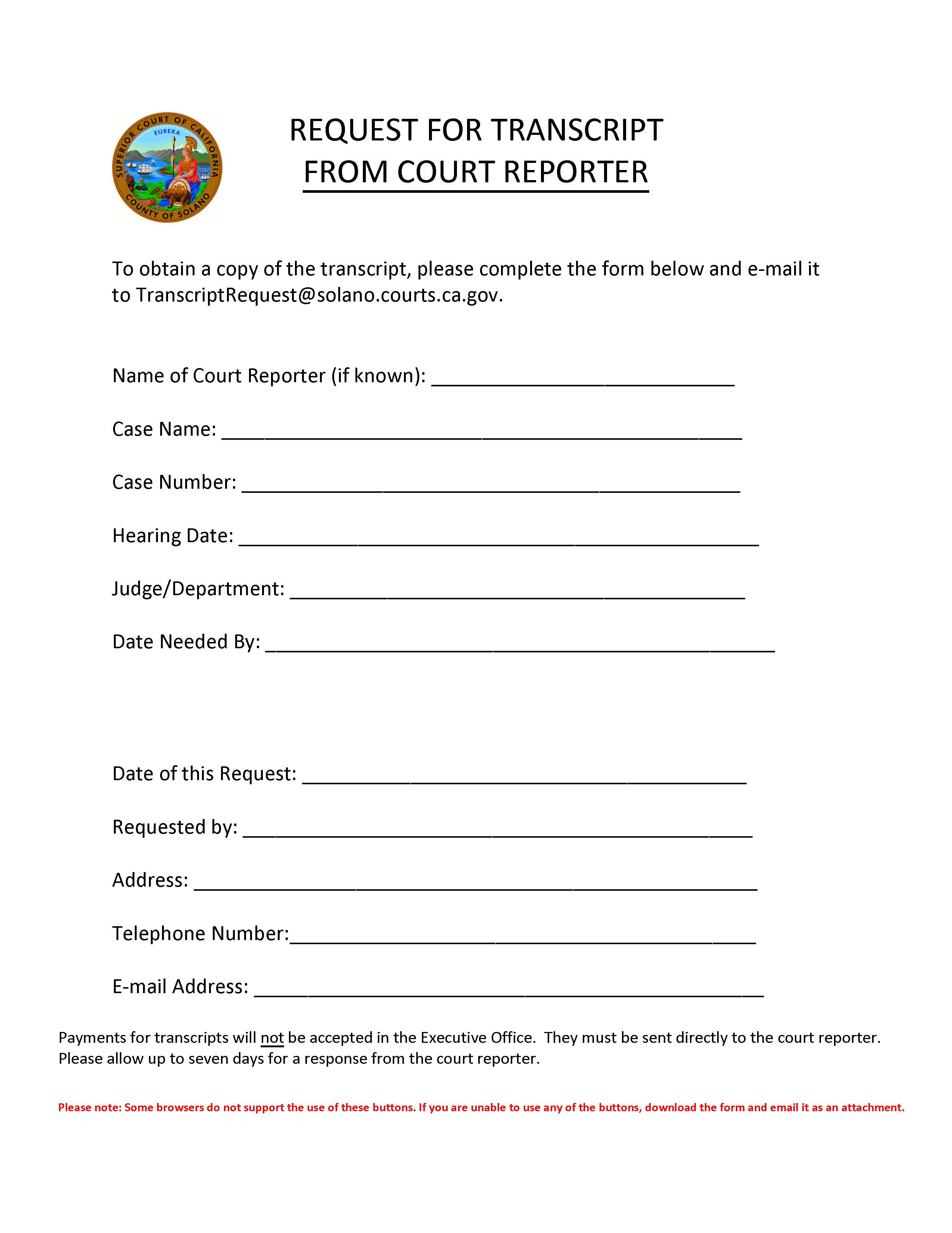 Party Request For Transcript (From Court Reporter) | Pdf Fpdf Docx | California