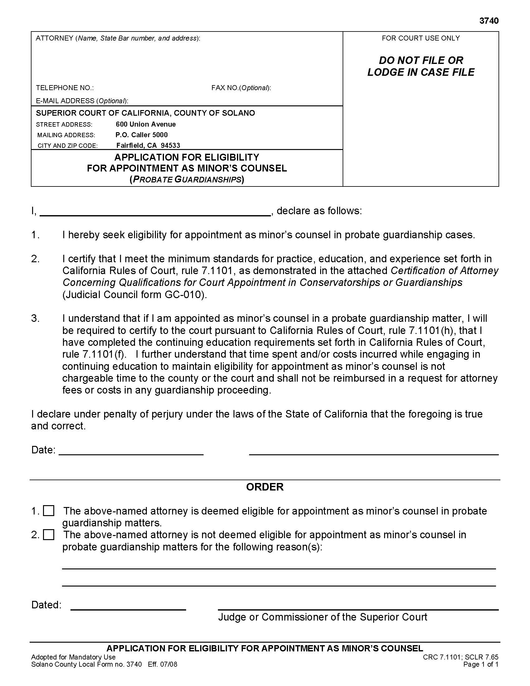 Application For Eligibility For Appointment As Minors Counsel {3740} | Pdf Fpdf Doc Docx | California