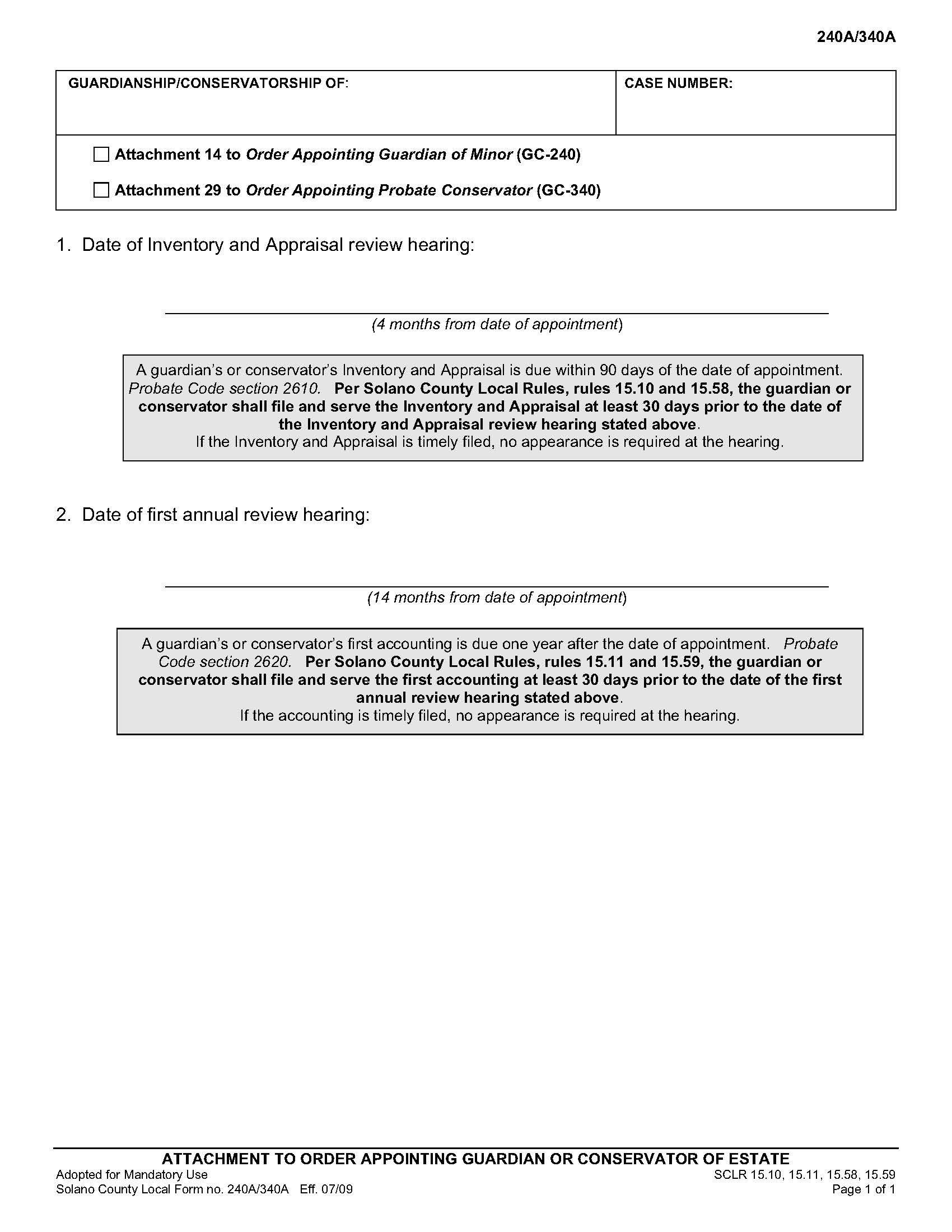 Attachment To Order Appointing Guardian Or Conservator Of Estate {240A-340A} | Pdf Fpdf Doc Docx | California