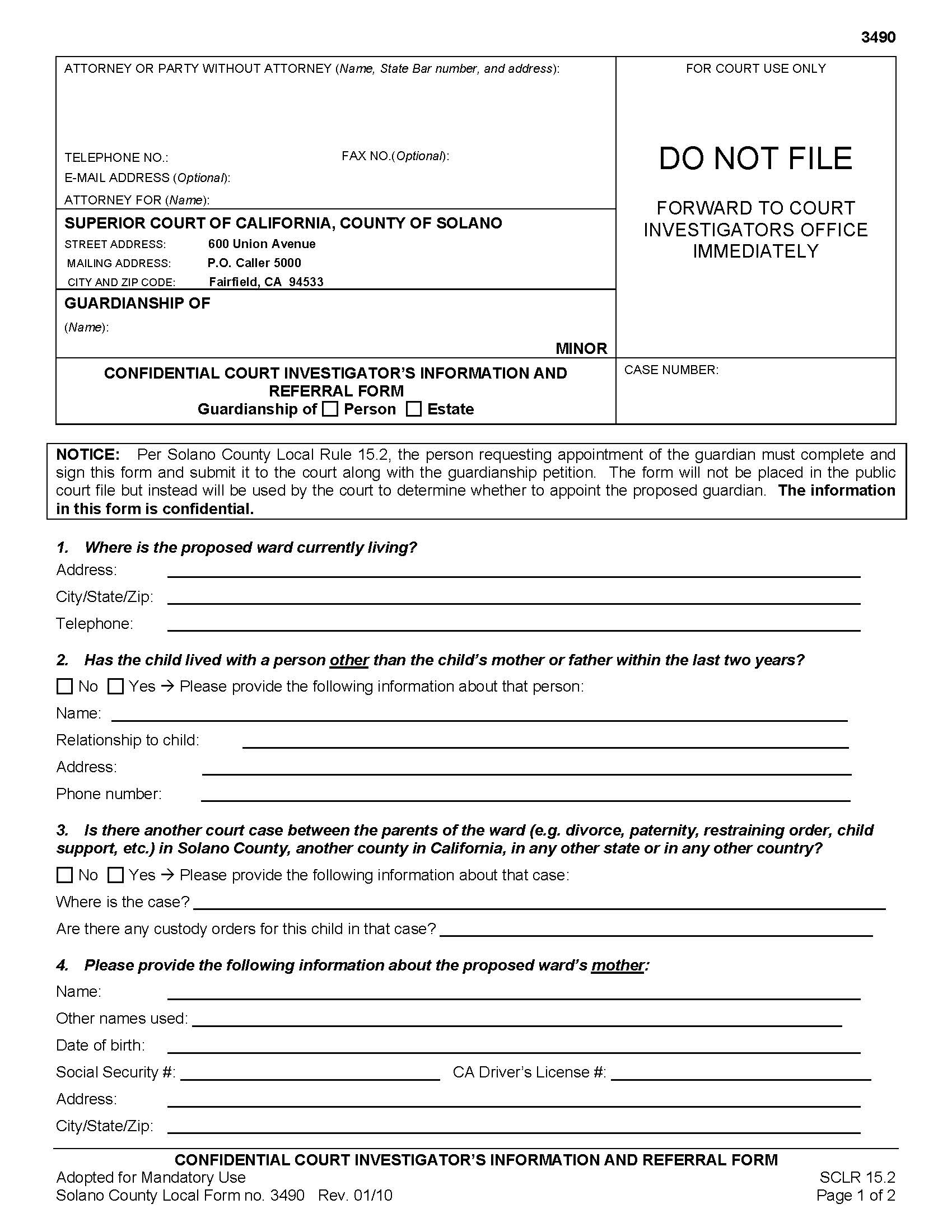 Court Investigators Information And Referral Form {3490} | Pdf Fpdf Doc Docx | California