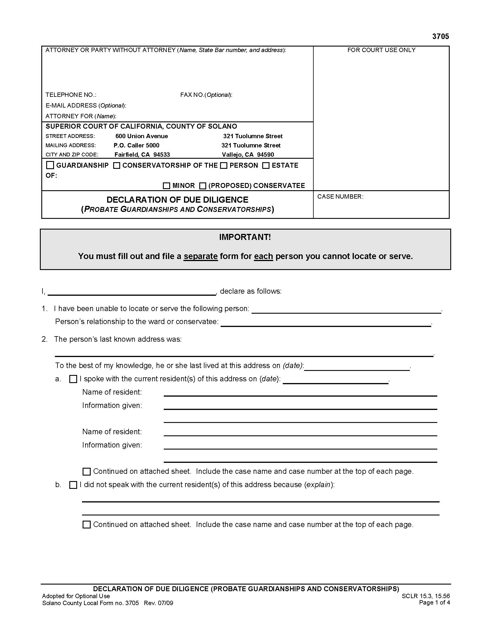 Declaration Of Due Diligence (Probate Guardianships) {3705} | Pdf Fpdf Doc Docx | California