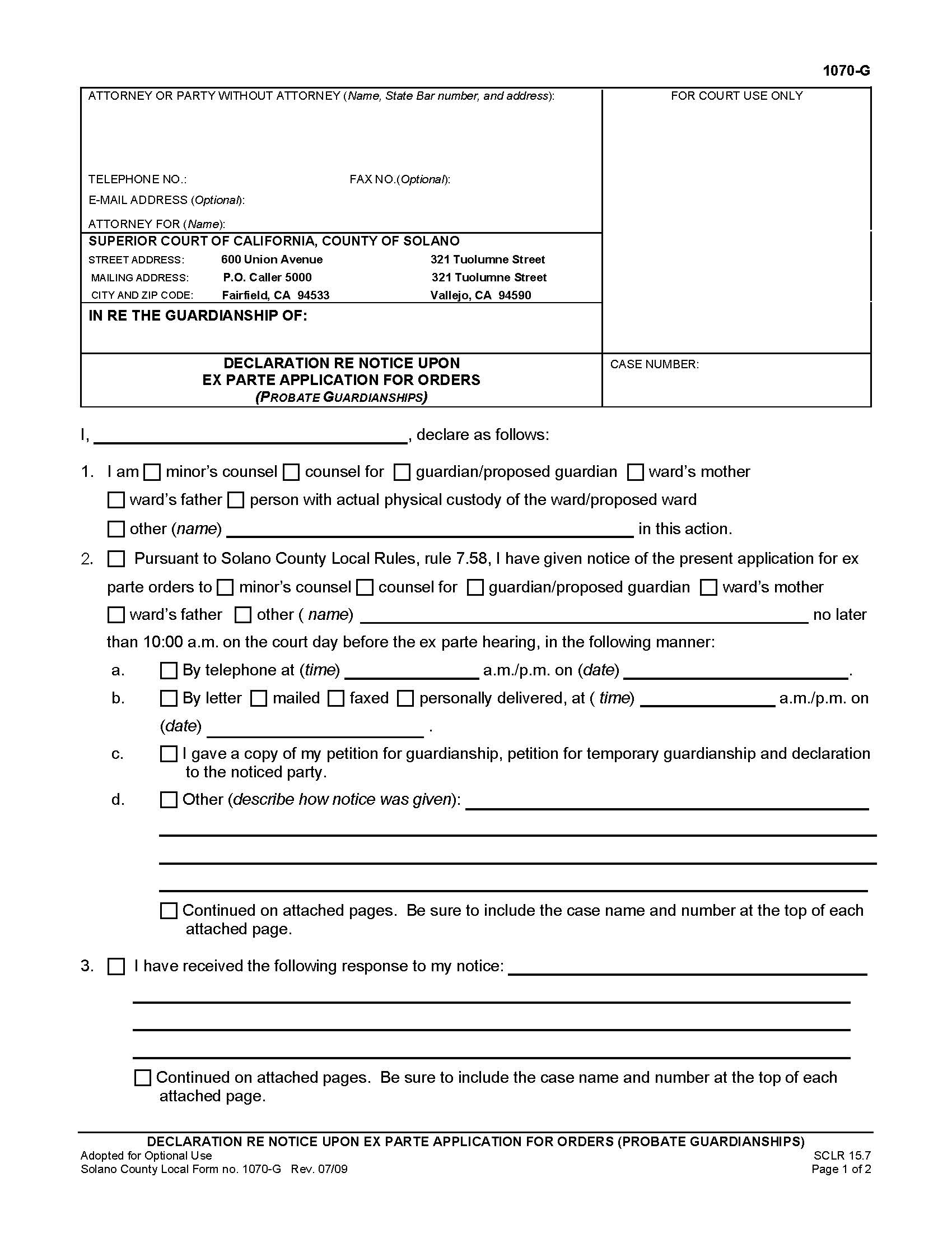 Declaration Re Notice Upon Ex Parte Application For Orders (Probate Guardianships) {1070-G} | Pdf Fpdf Doc Docx | California