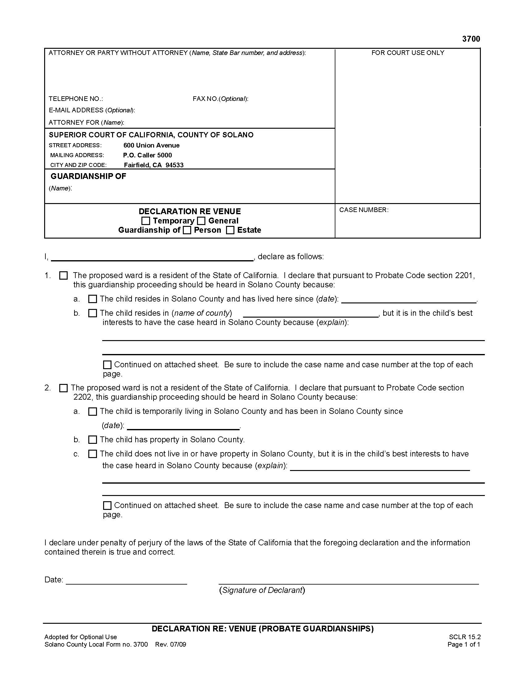 Declaration Re Venue (Probate Guardianships) {3700} | Pdf Fpdf Doc Docx | California