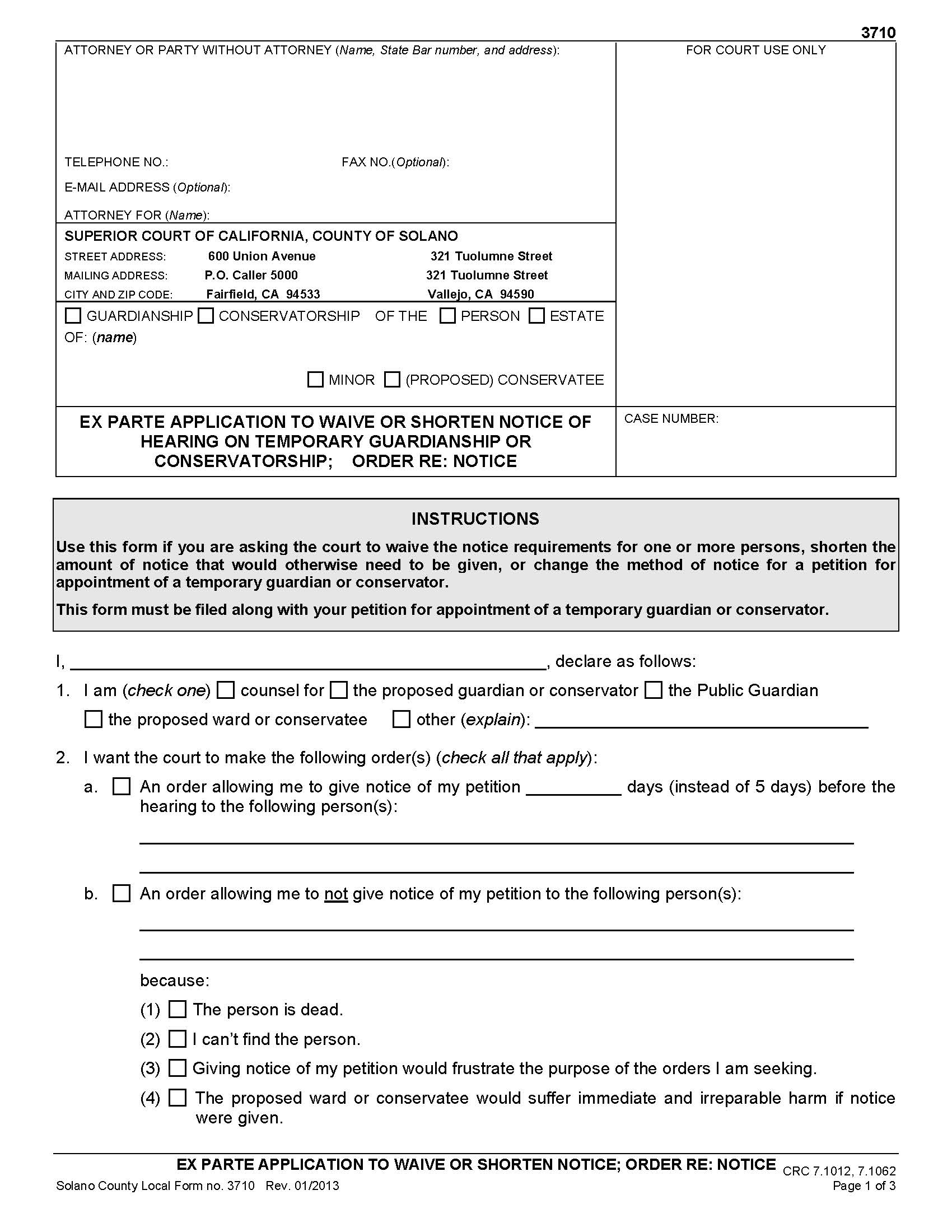 Ex Parte Application For Temporary Guardianship Or Other Orders {3710} | Pdf Fpdf Doc Docx | California