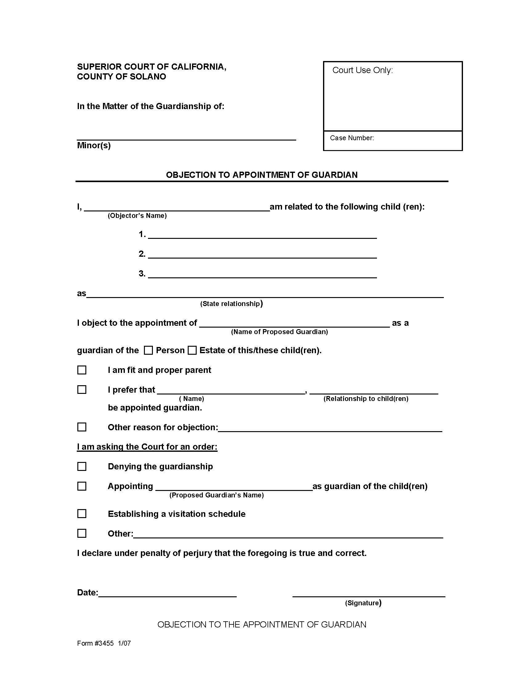 Objection To Appointment Of Guardian {3455} | Pdf Fpdf Doc Docx | California