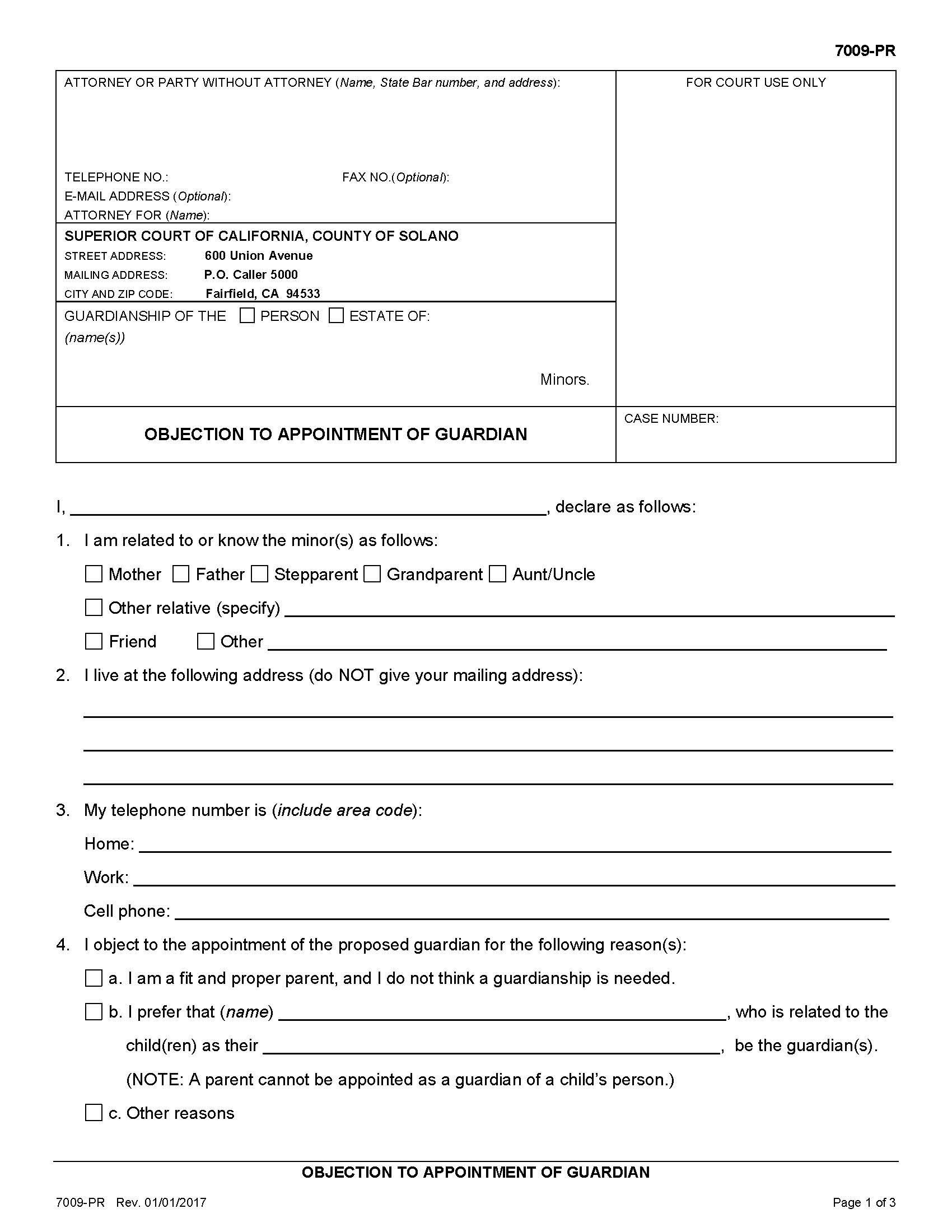 Objection To Appointment Of Guardian {7009-PR} | Pdf Fpdf Doc Docx | California