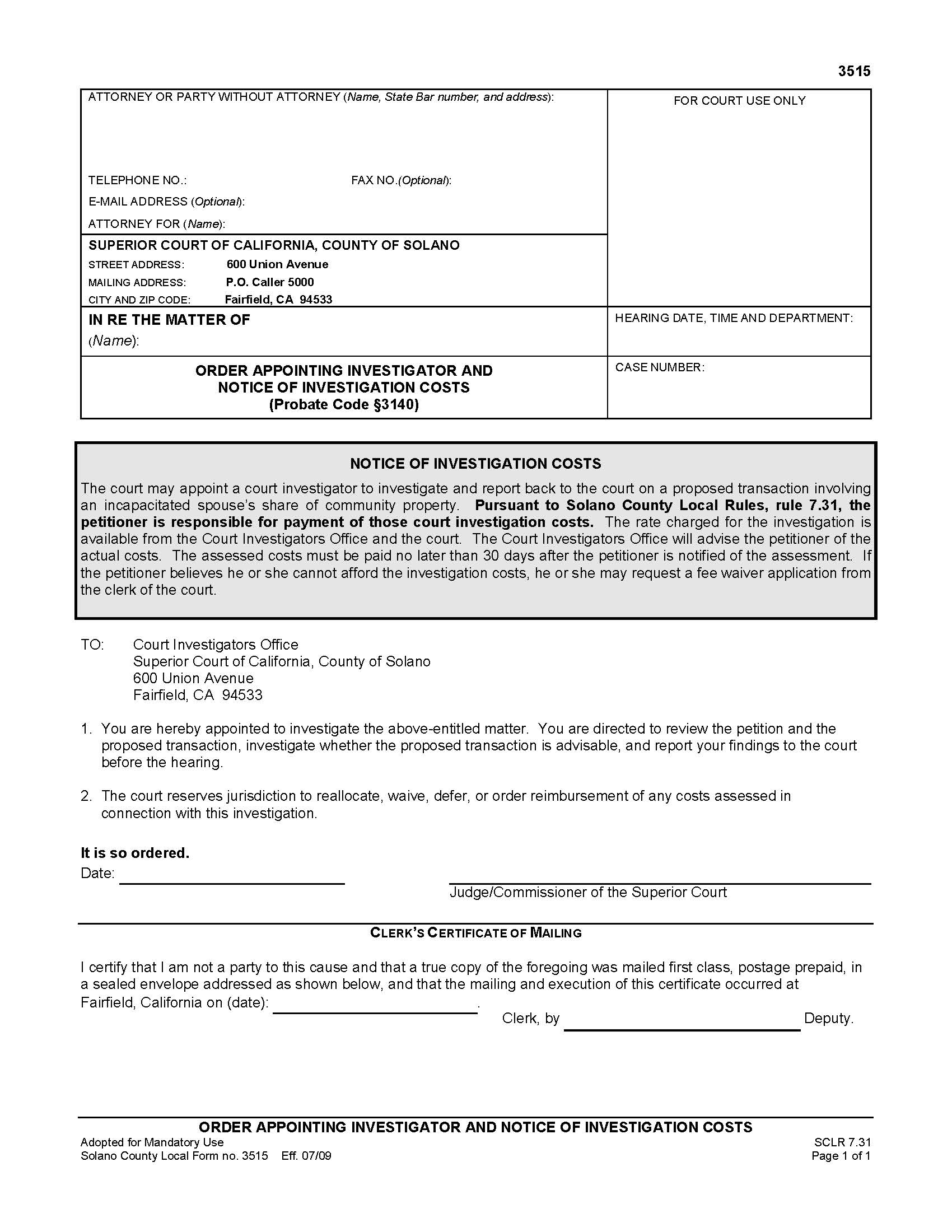 Order Appointing Investigator And Notice Of Investigation Costs {3515} | Pdf Fpdf Doc Docx | California