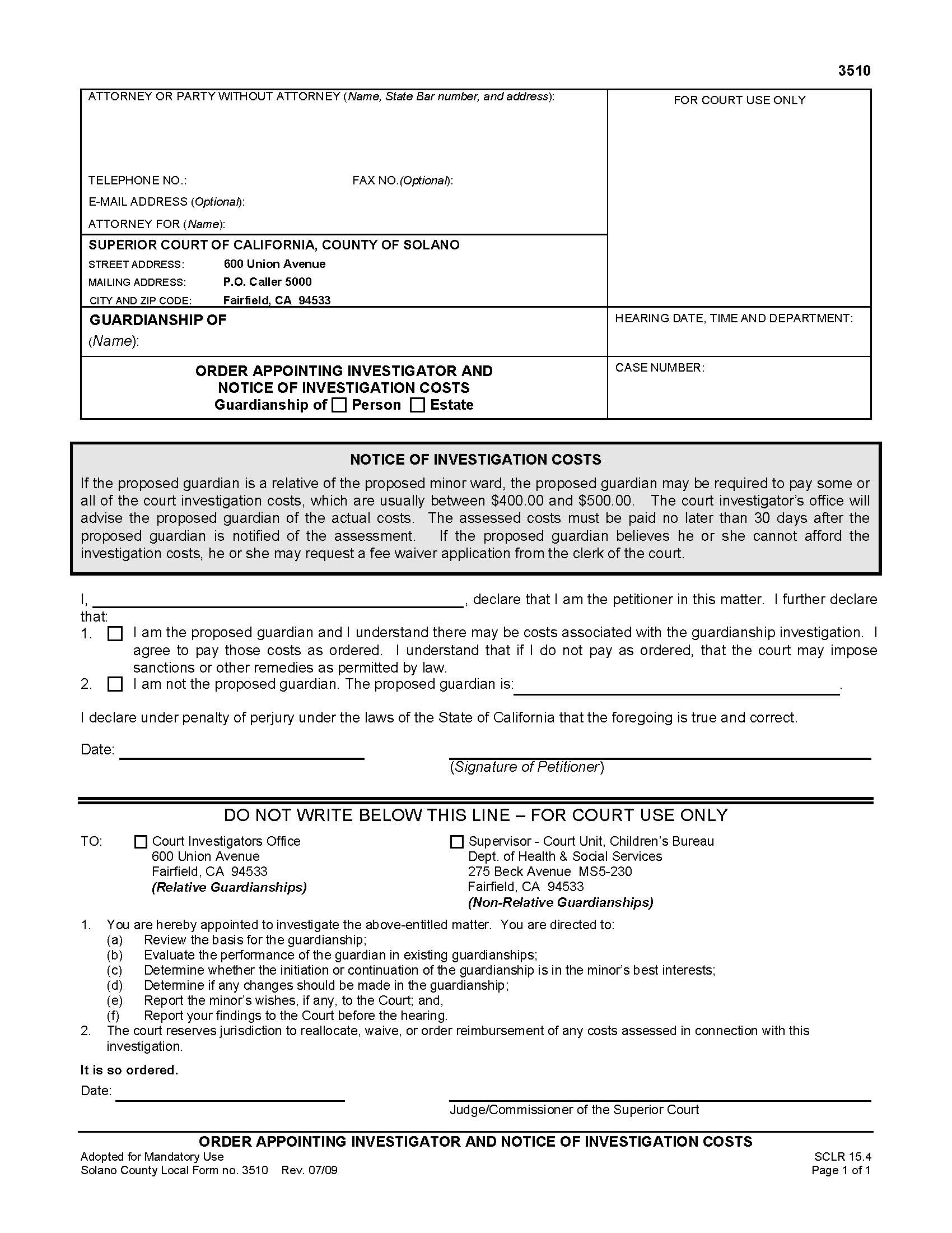 Order Appointing Investigator And Notice Of Investigation Costs (Guardianship) {3510} | Pdf Fpdf Doc Docx | California