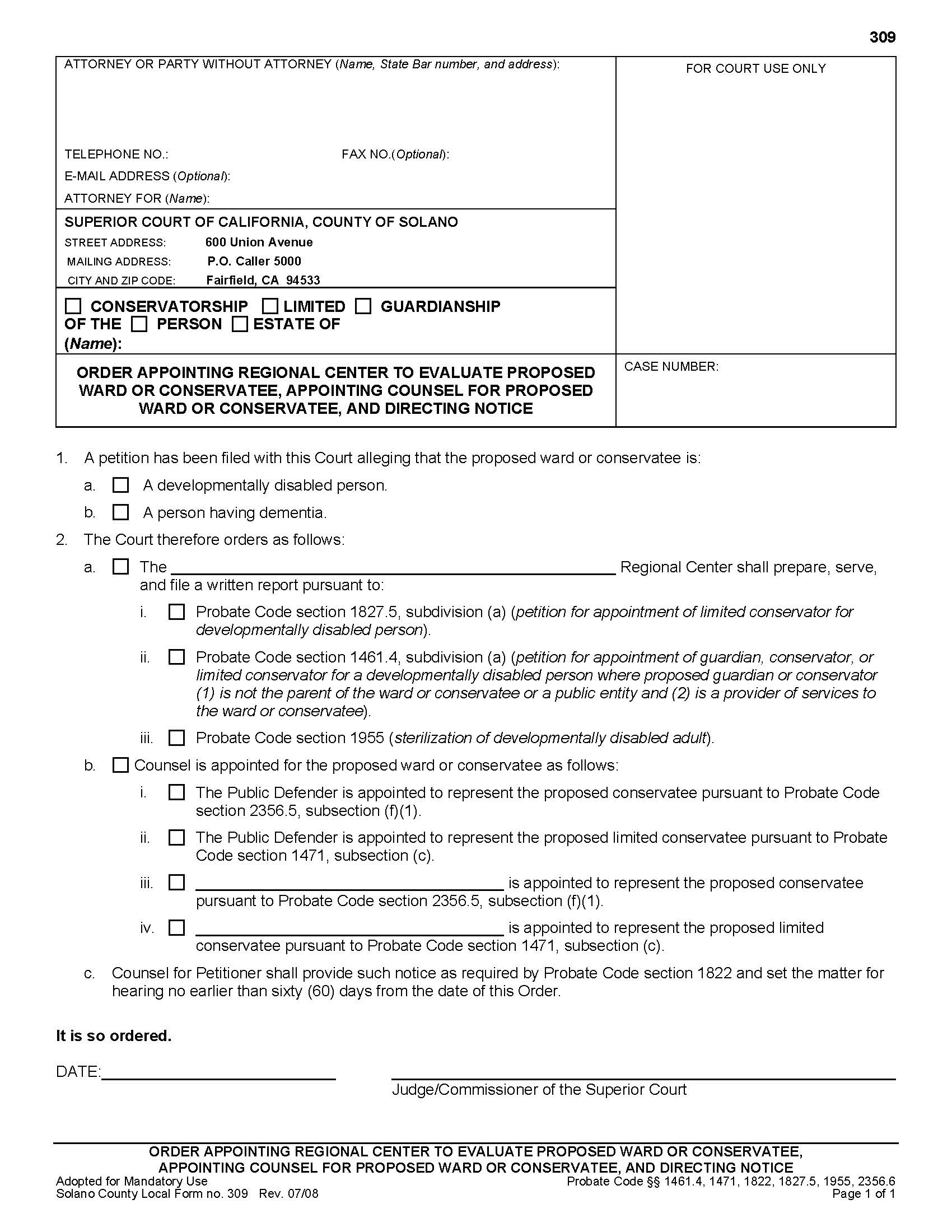 Order Appointing Regional Center To Evaluate Proposed Ward Or Conservatee {309} | Pdf Fpdf Doc Docx | California