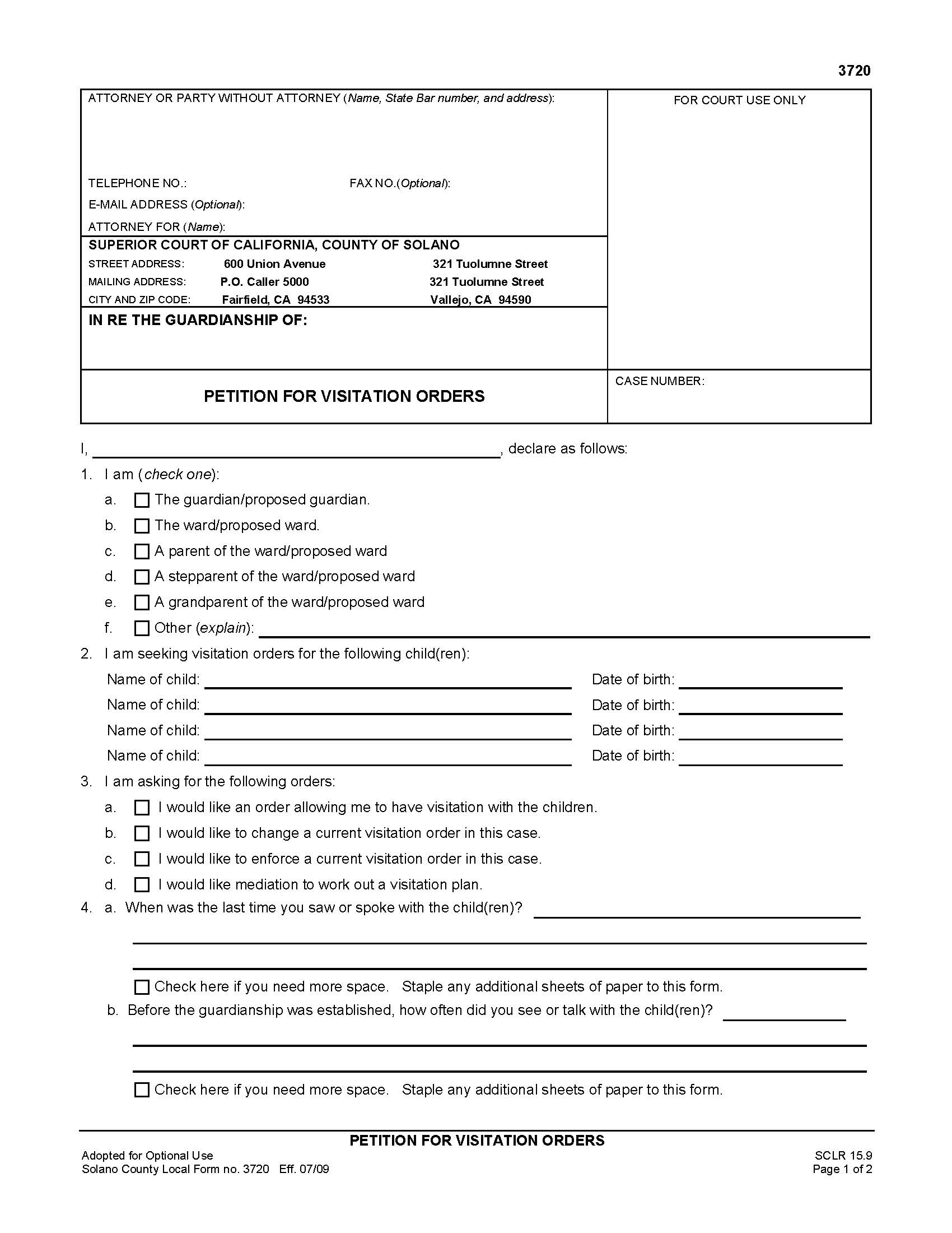 Petition For Visitation Orders {3720} | Pdf Fpdf Doc Docx | California