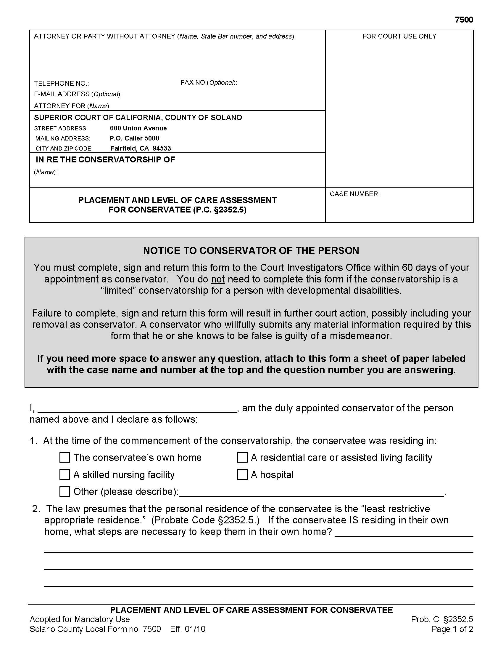 Placement And Level Of Care Assessment For Conservatee (Conservatorships-Care Plan) {7500} | Pdf Fpdf Doc Docx | California