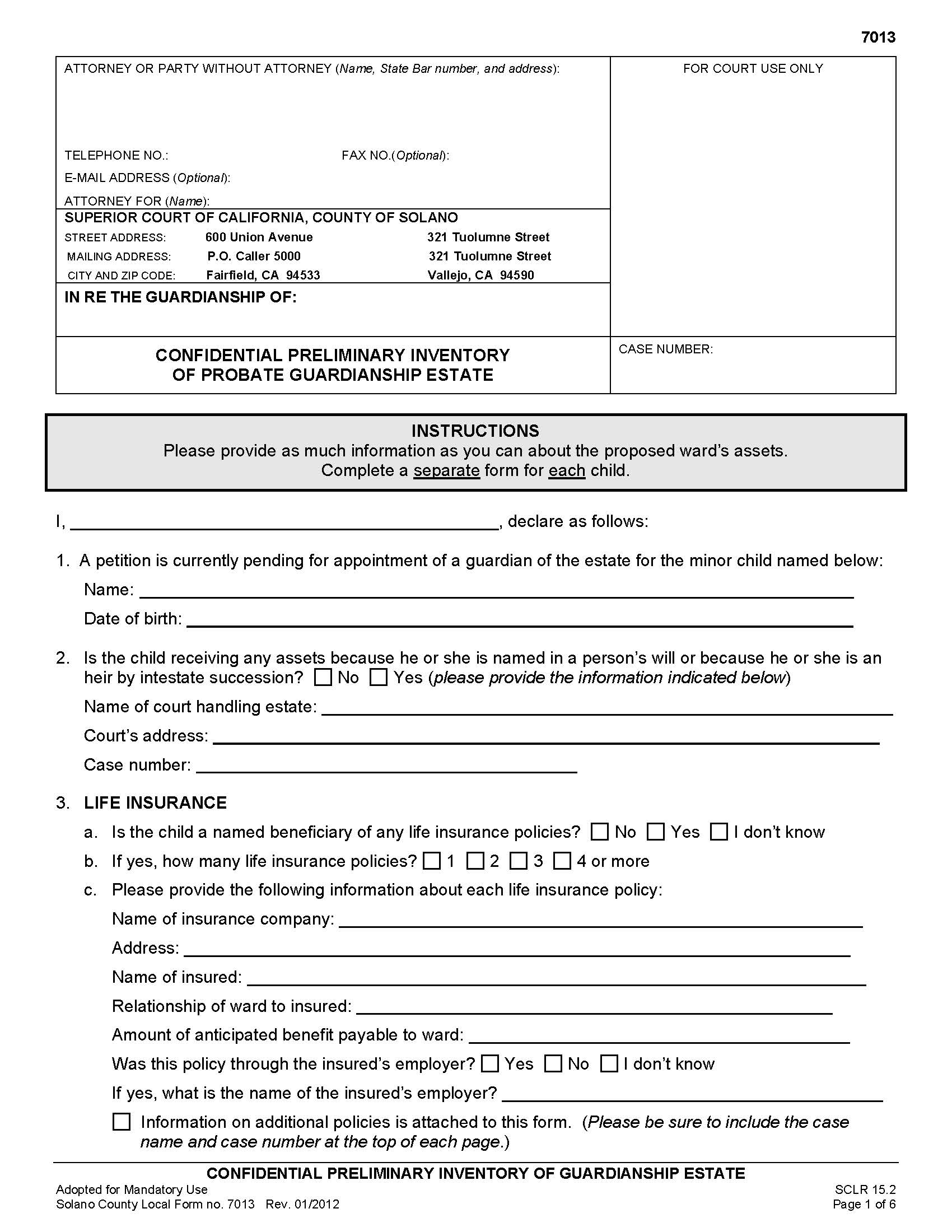 Preliminary Inventory Of Guardianship Estate {7013} | Pdf Fpdf Doc Docx | California