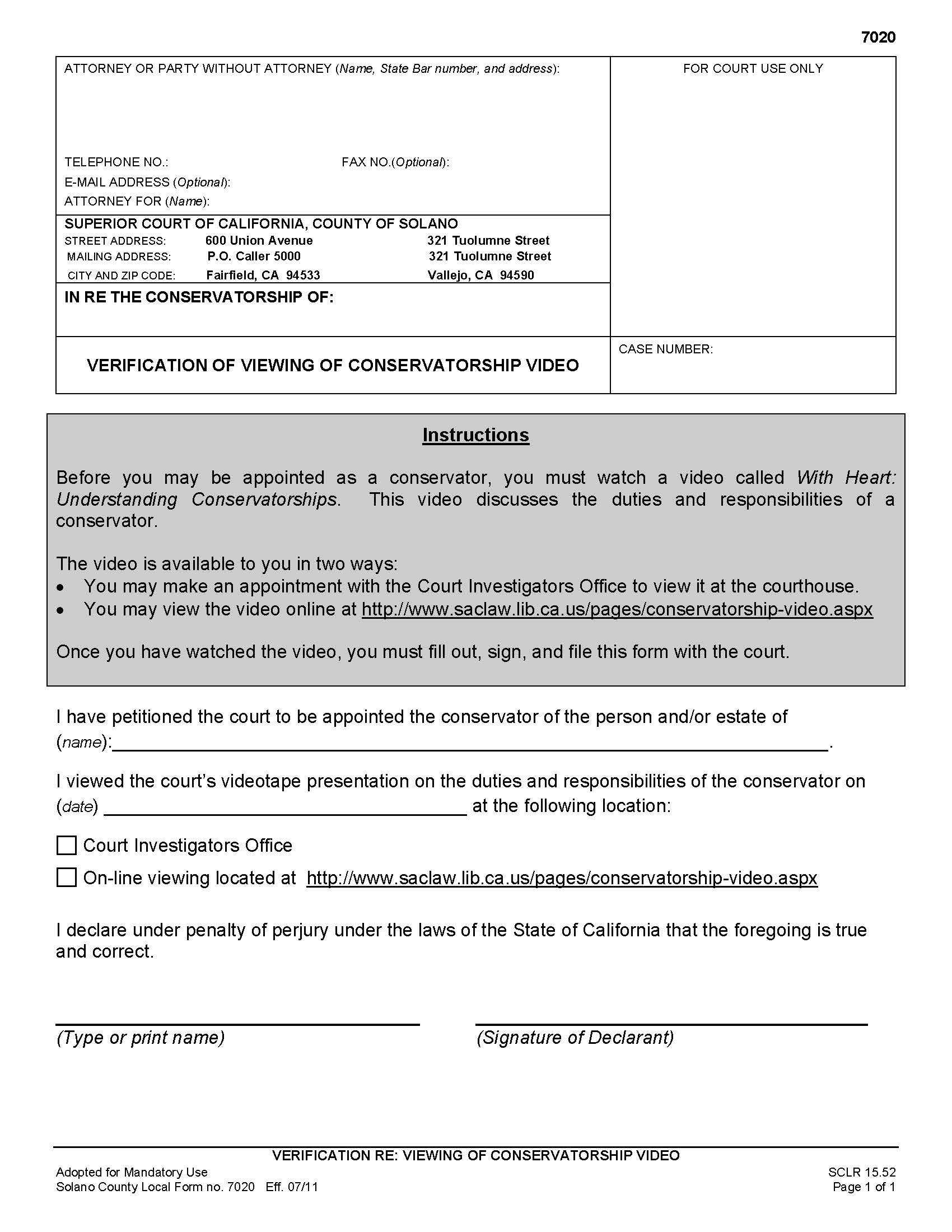 Verification Of Viewing Conservatorship Video {7020} | Pdf Fpdf Doc Docx | California