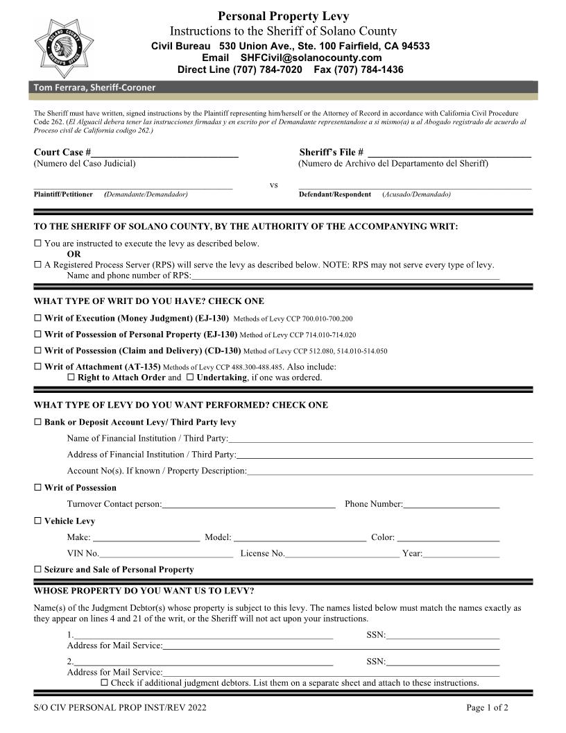 Personal Property Levy Instructions {SH CIV} | Pdf Fpdf Doc Docx | California