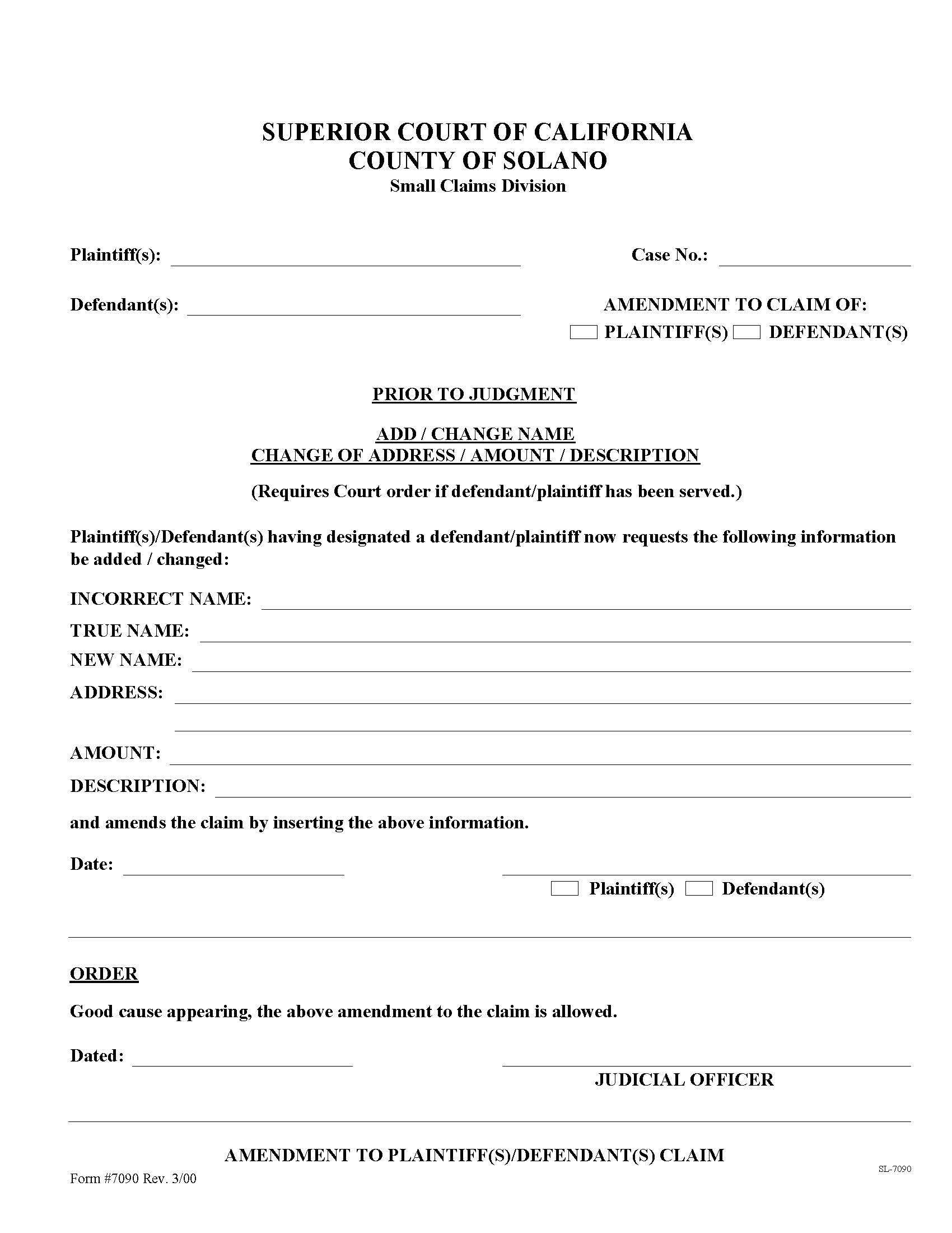 Amendment To Claim Of Plaintiff(s) Defendant(s) {7090} | Pdf Fpdf Doc Docx | California