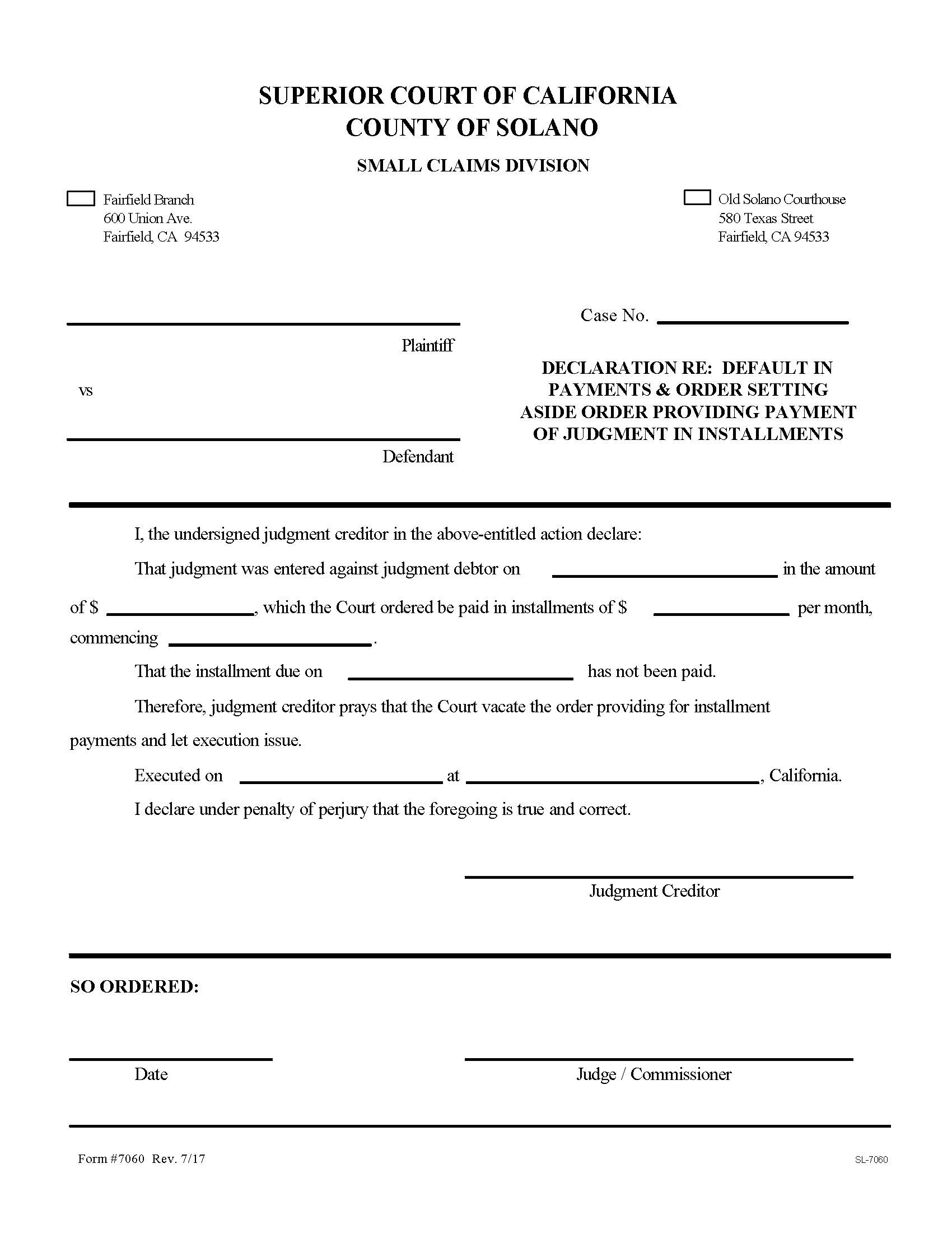 Declaration Re Default In Payments And Order Setting Aside Order {7060} | Pdf Fpdf Doc Docx | California