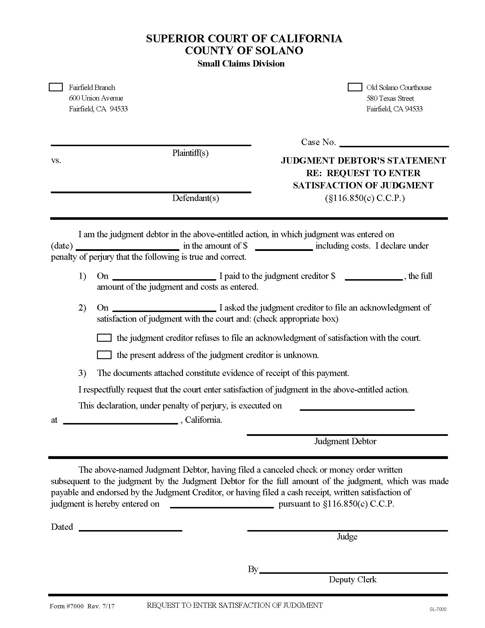 Judgment Debtors Statement Re Request To Enter Satisfaction Of Judgment {7000} | Pdf Fpdf Doc Docx | California