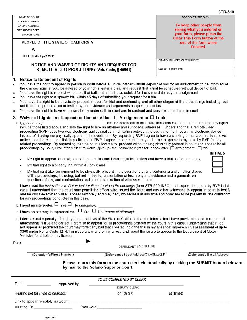 Notice And Waiver Of Rights And Request For Remote Video Proceeding {STR-510} | Pdf Fpdf Docx | California