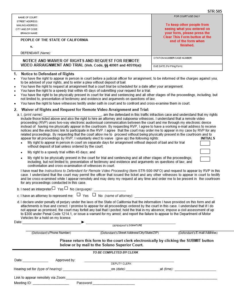 Notice Of Waiver Of Rights And Request For Remote Video Arraignment {STR-505} | Pdf Fpdf Docx | California