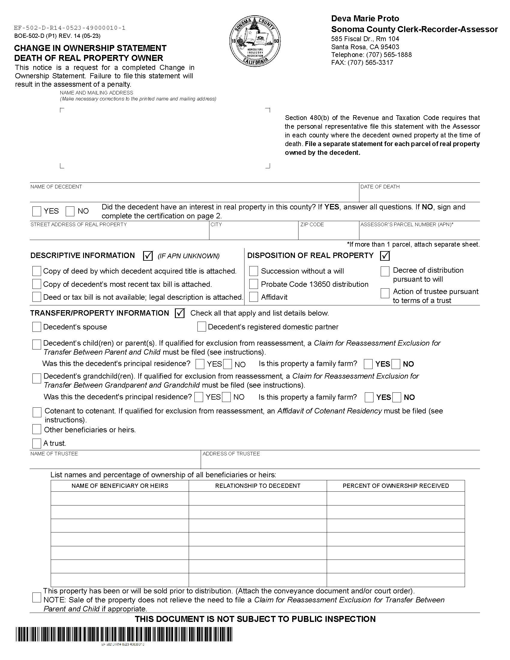 Change In Ownership Statement Death Of Real Property Owner (Sonoma) {BOE-502-D} | Pdf Fpdf Docx | California