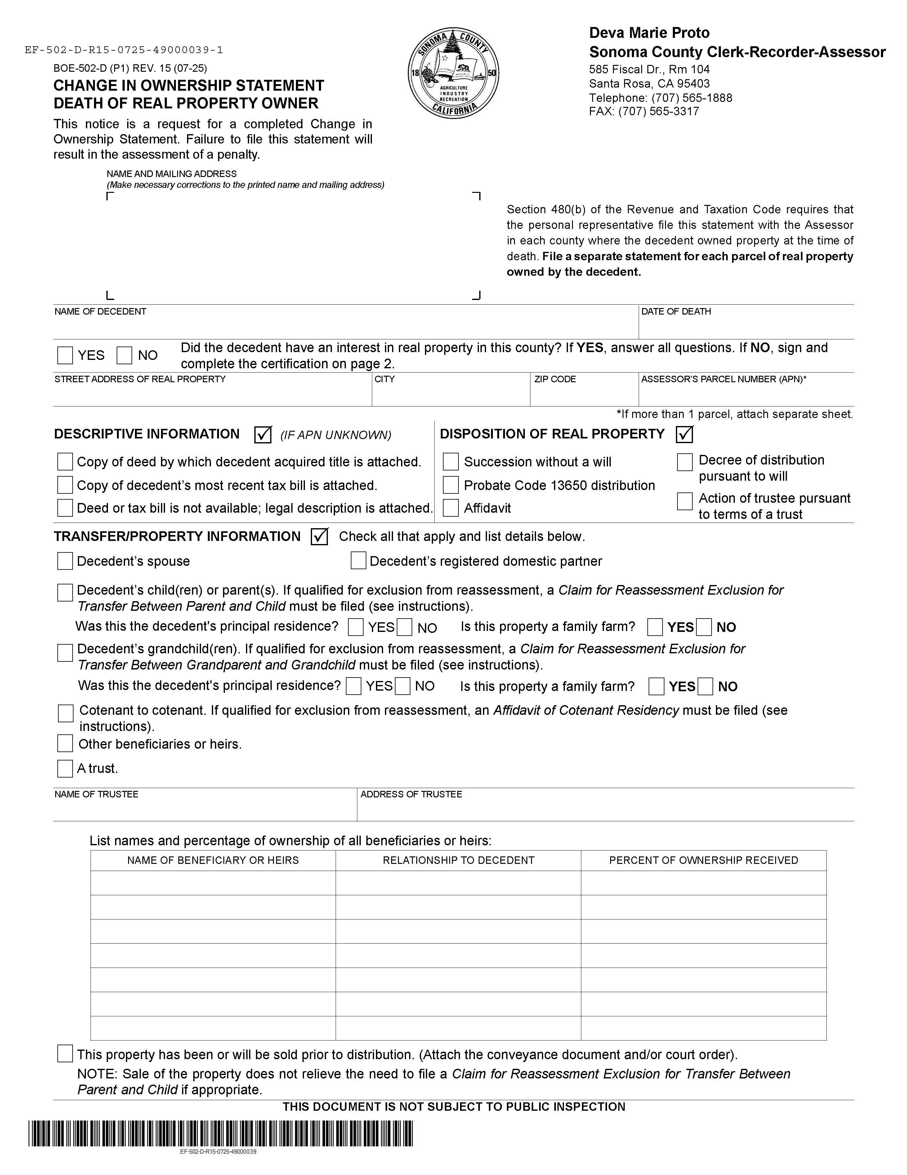 Change In Ownership Statement Death Of Real Property Owner (Sonoma) {BOE-502-D} | Pdf Fpdf Docx | California