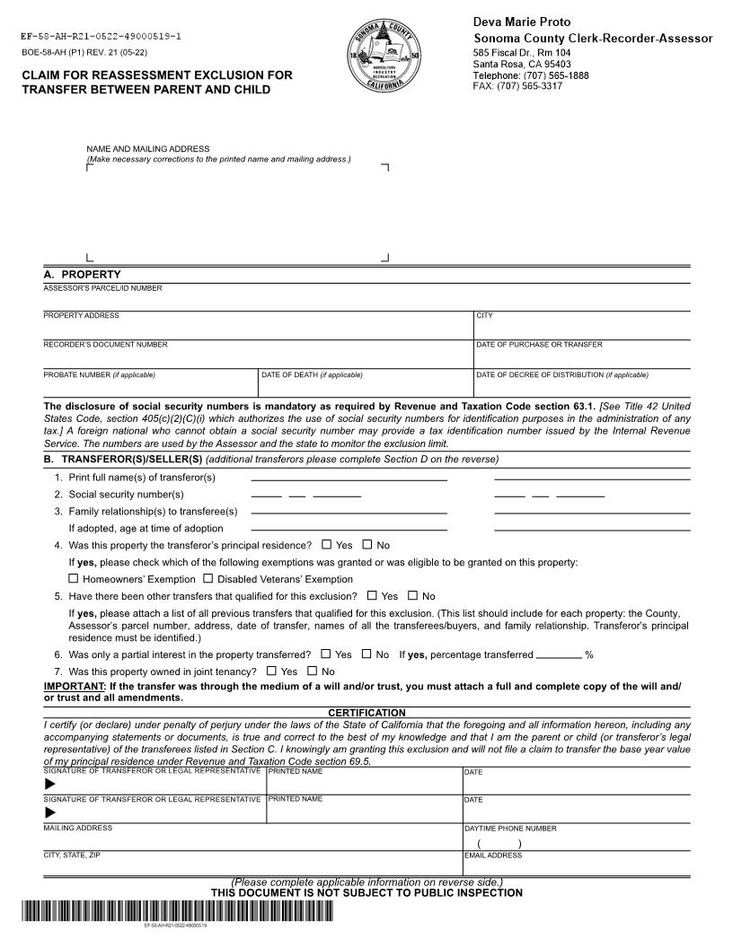 Claim For Reassessment Exclusion For Transfer Between Parent And Child (Before 02-16-21) (Sonoma County) {BOE-58-AH} | Pdf Fpdf Docx | California