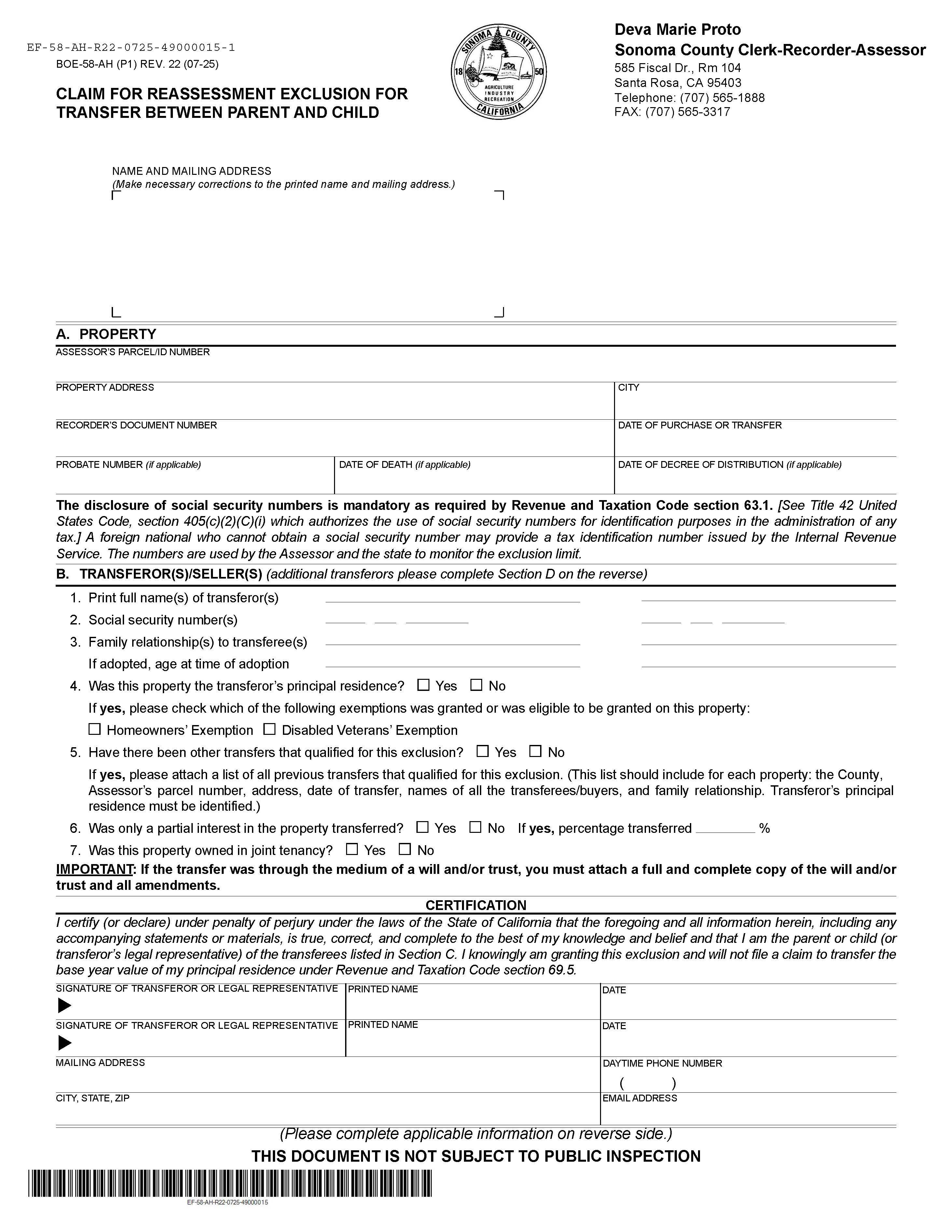 Claim For Reassessment Exclusion For Transfer Between Parent And Child (Before 02-16-21) (Sonoma County) {BOE-58-AH} | Pdf Fpdf Docx | California