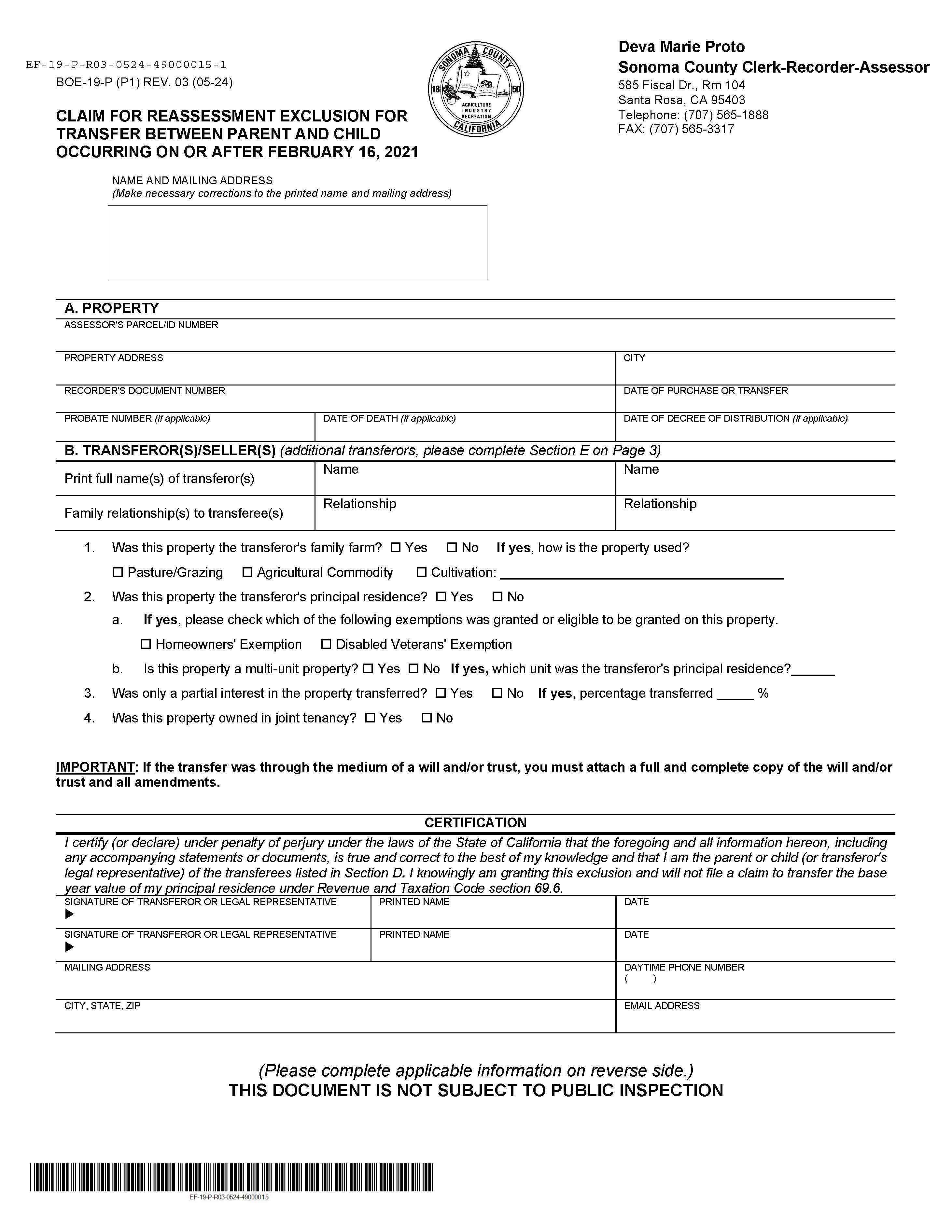 Claim For Reassessment Exclusion For Transfer Between Parent And Child (Sonoma County) {BOE-19-P} | Pdf Fpdf Docx | California