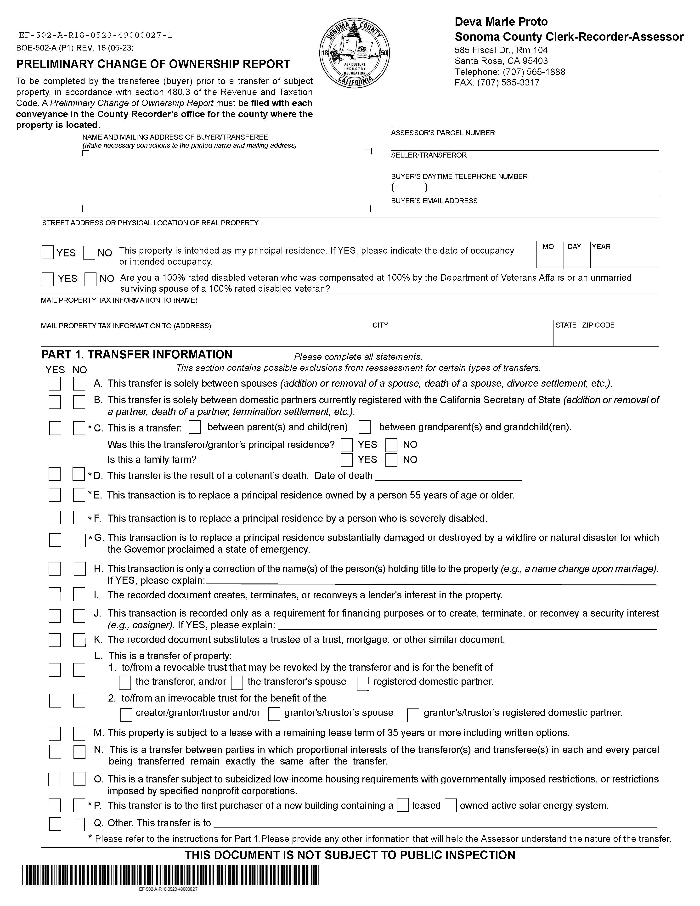 Preliminary Change Of Ownership Report (Sonoma County) {BOE-502-A} | Pdf Fpdf Docx | California