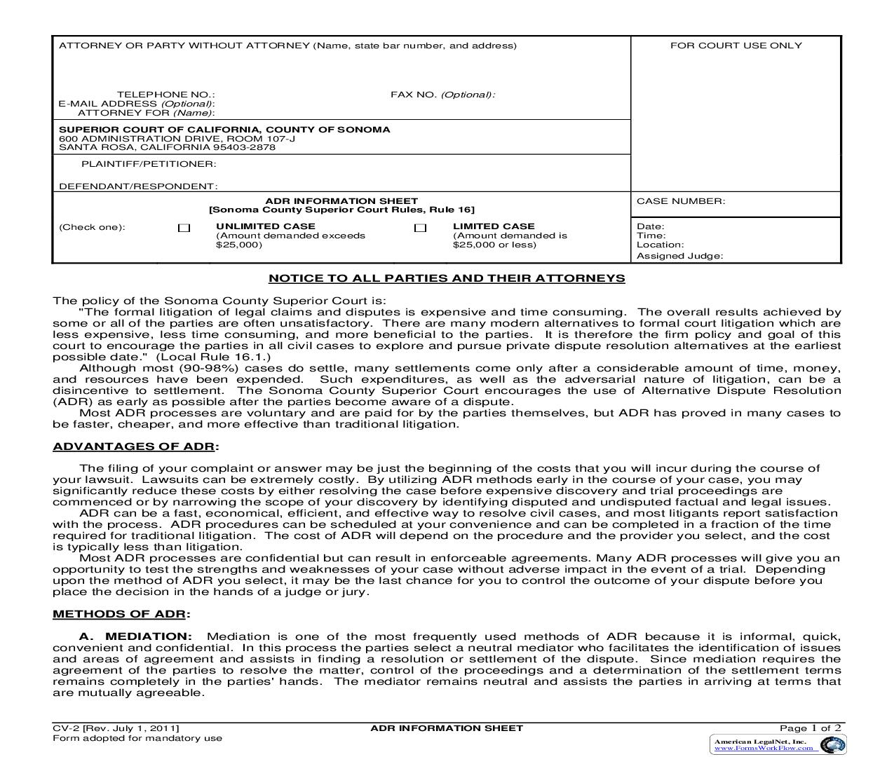 ADR Information Sheet {CV-2} | Pdf Fpdf Doc Docx | California