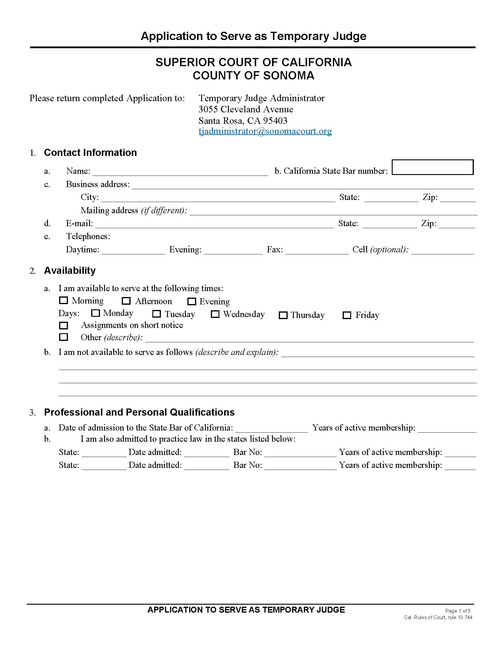 Application To Serve As Temporary Judge {CV-33} | Pdf Fpdf Doc Docx | California