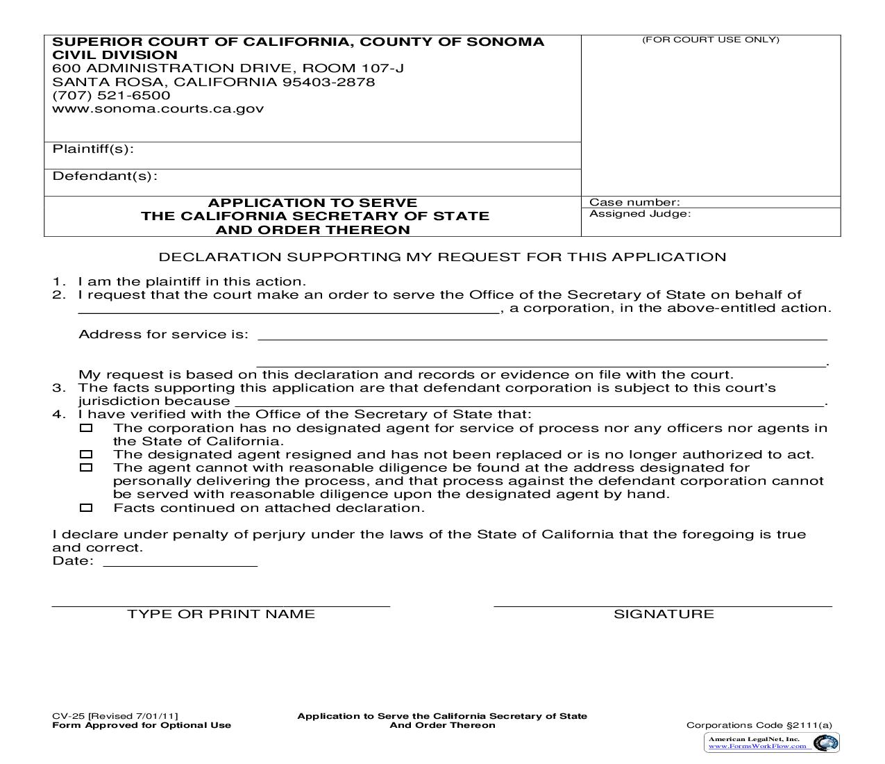 Application To Serve The California Secretary Of State {CV-25} | Pdf Fpdf Doc Docx | California
