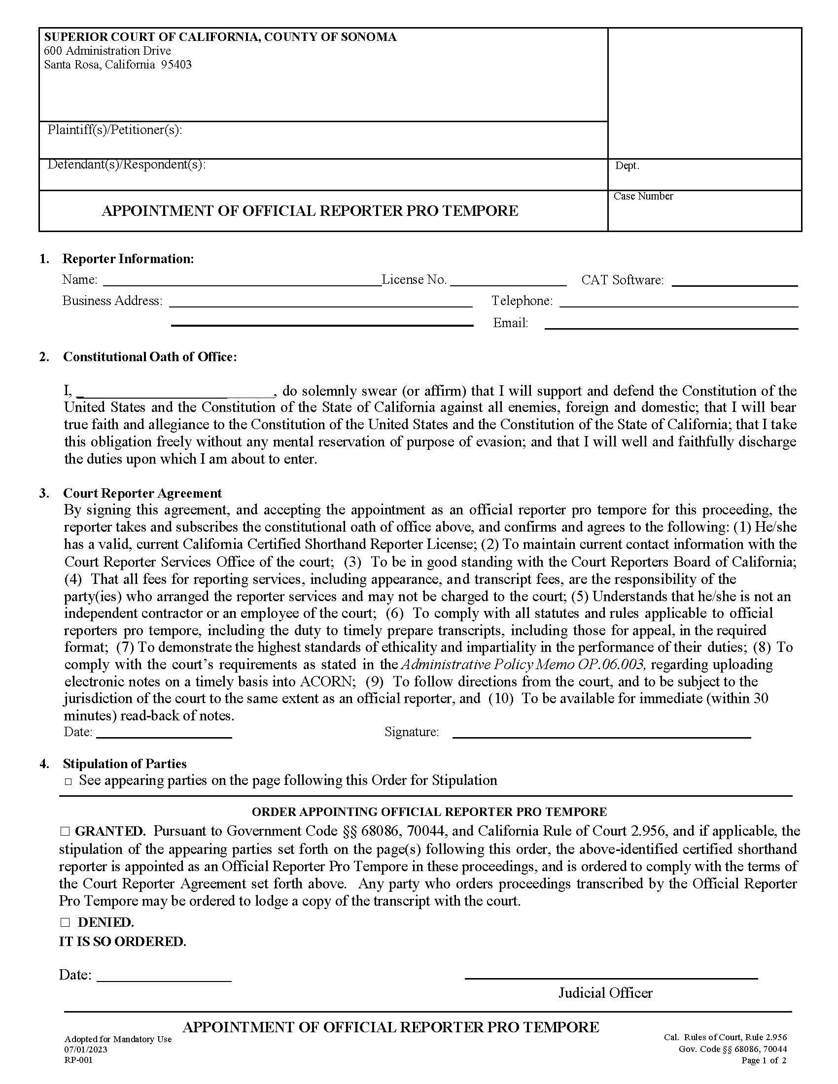 Appointment Of Official Reporter Pro Tempore {RP-001} | Pdf Fpdf Docx | California