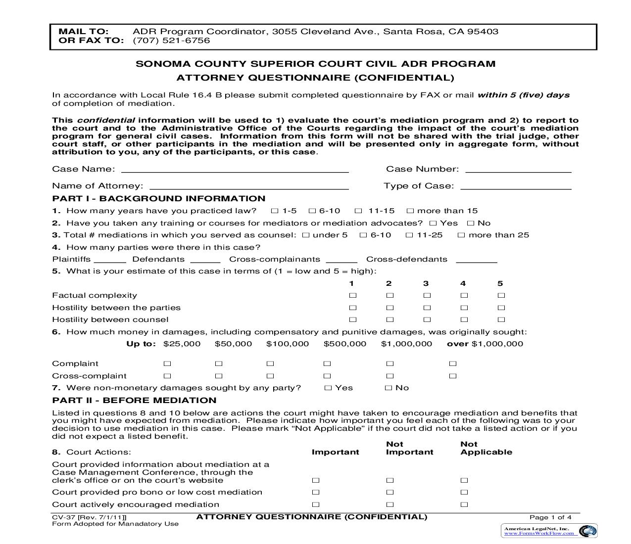 Attorney Questionnaire {CV-37} | Pdf Fpdf Doc Docx | California