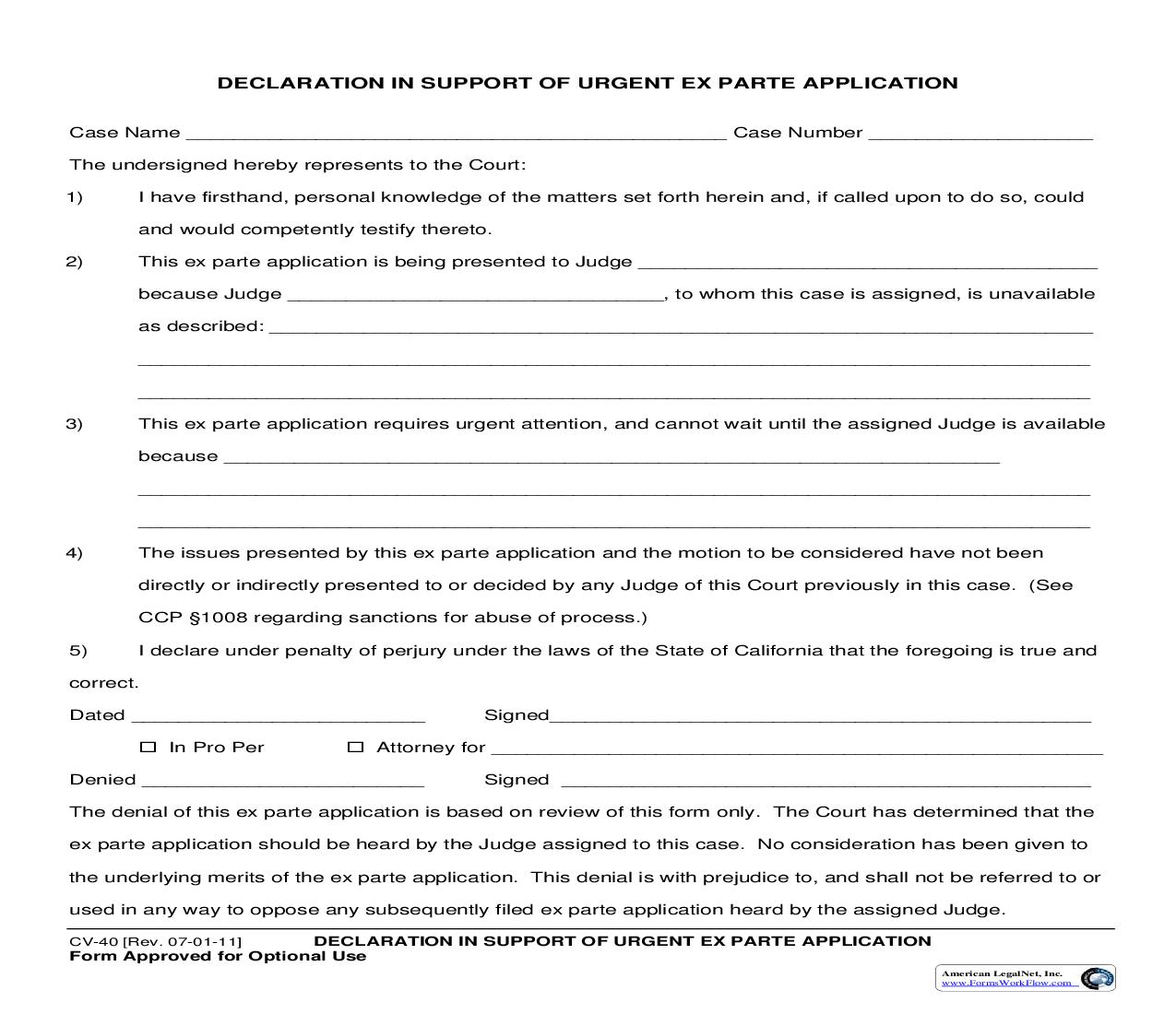 Declaration In Support Of Urgent Ex Parte Application {CV-40} | Pdf Fpdf Doc Docx | California
