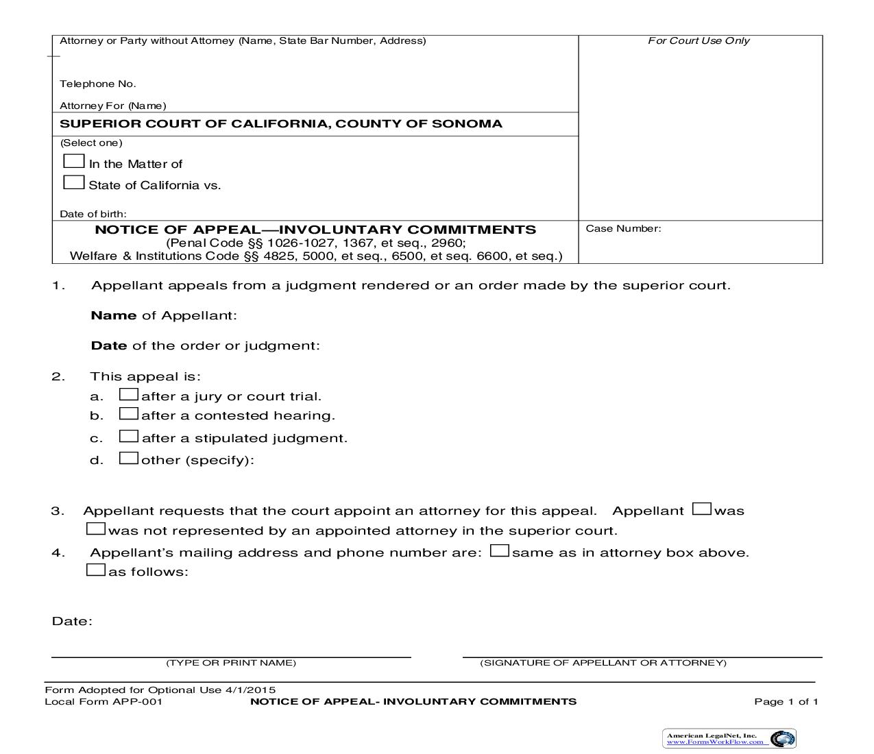 Notice Of Appeal-Involuntary Commitments {APP-001} | Pdf Fpdf Doc Docx | California