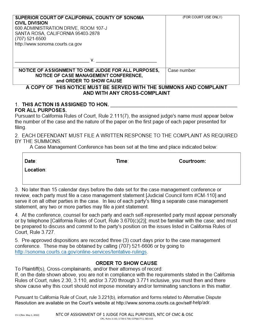 Notice Of Assignment To One Judge And Notice Of Case Management Conference {CV-1} | Pdf Fpdf Docx | California