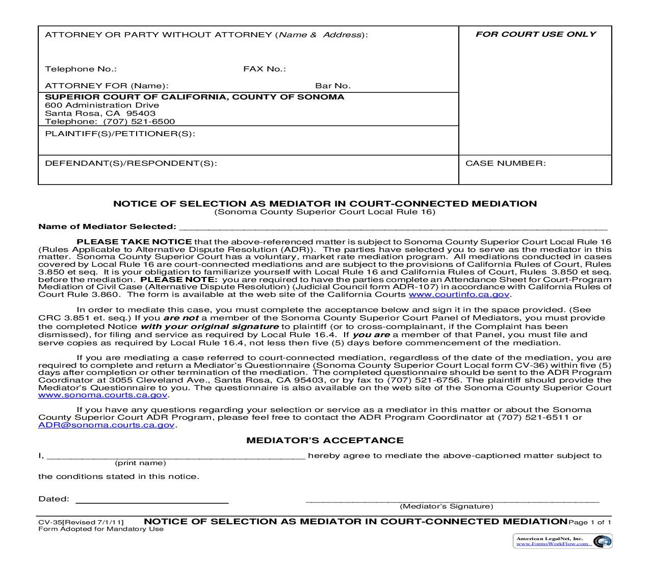 Notice Of Selection As Mediator In Court-Connected Mediation {CV-35} | Pdf Fpdf Doc Docx | California