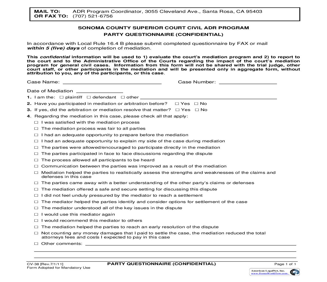 Party Questionnaire {CV-38} | Pdf Fpdf Doc Docx | California
