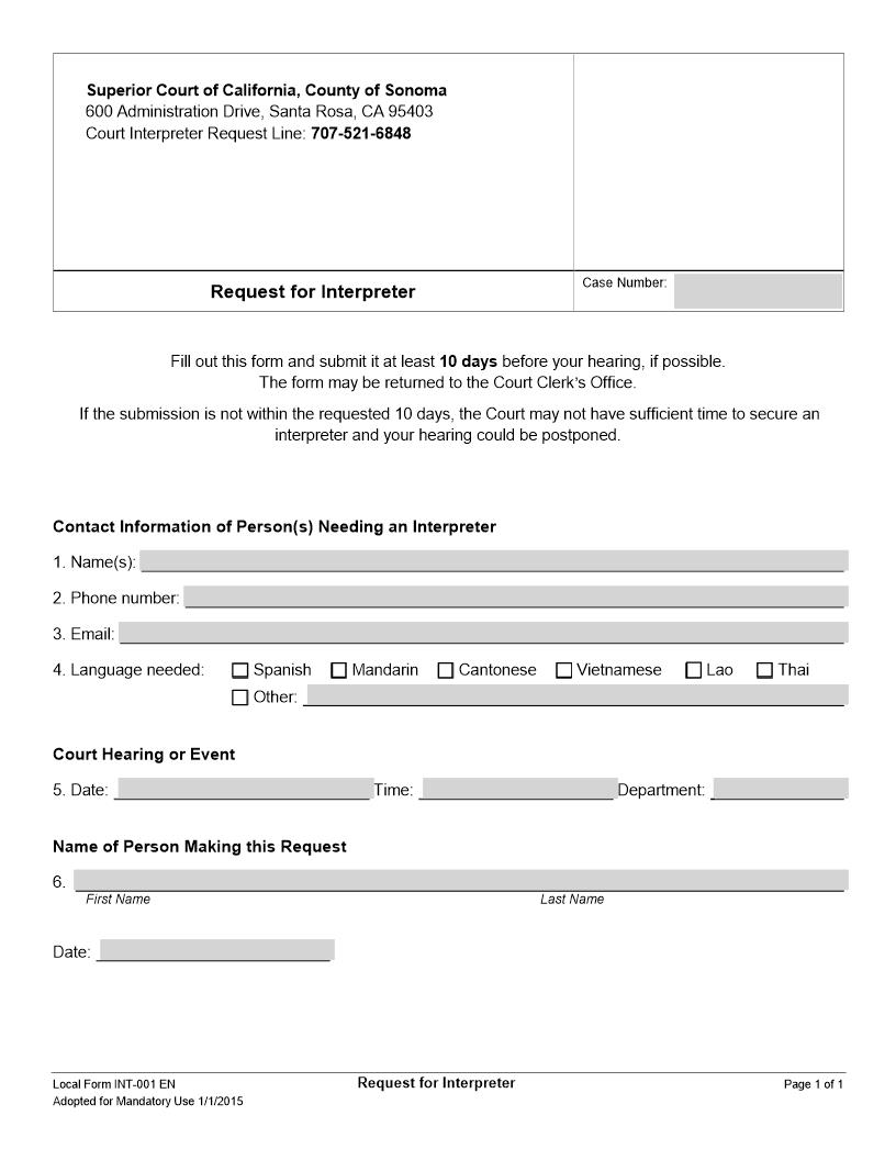 Request For Interpreter {INT-001 EN} | Pdf Fpdf Doc Docx | California