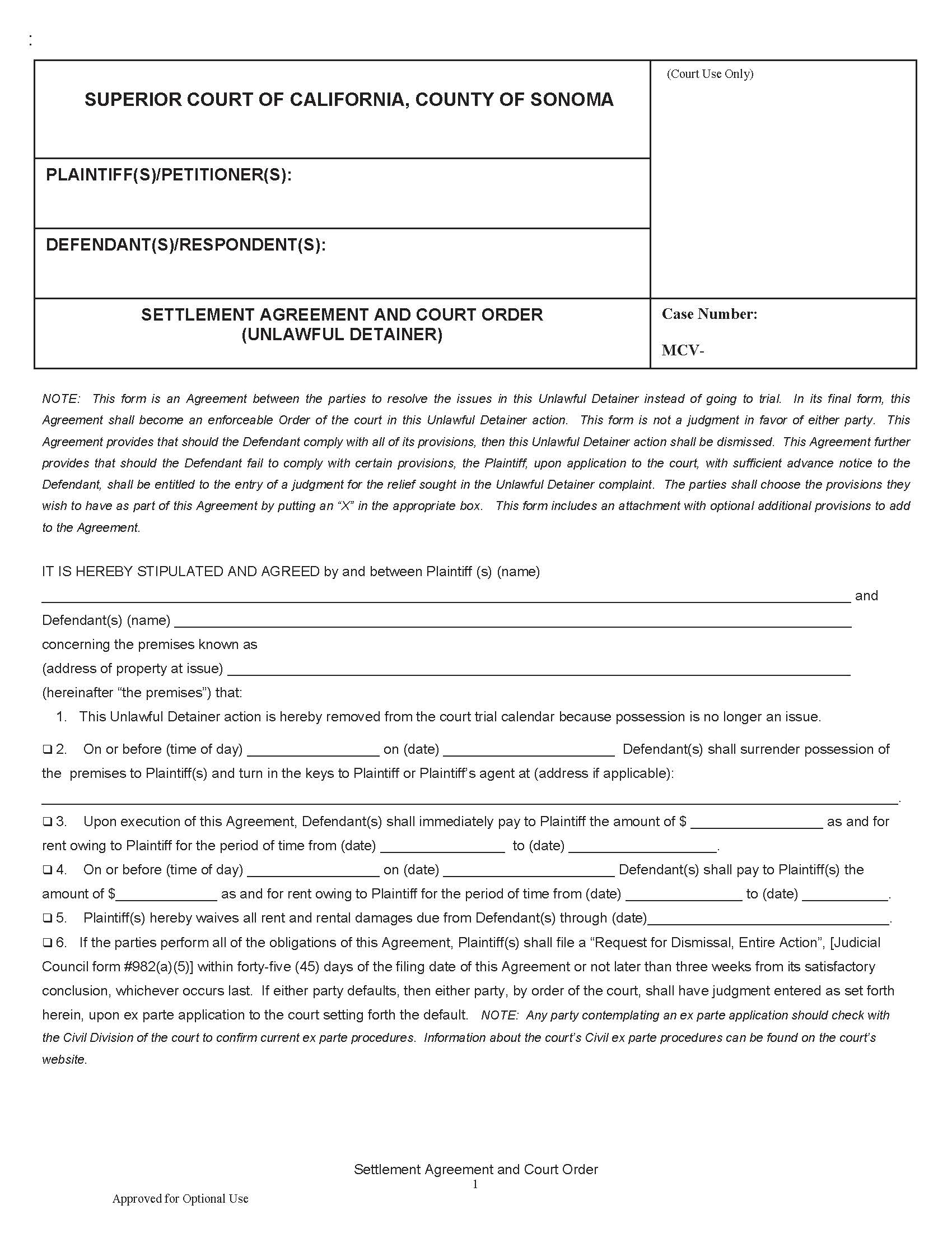 Settlement Agreement And Court Order {CV-43} | Pdf Fpdf Doc Docx | California