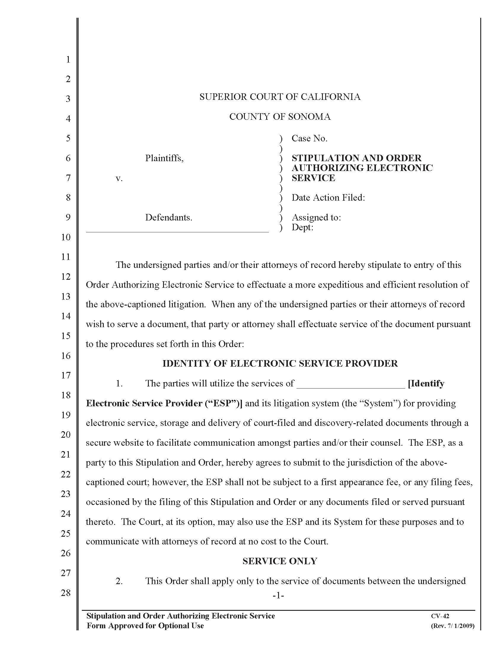 Stipulation And Order Authorizing Electronic Service {CV-42} | Pdf Fpdf Doc Docx | California