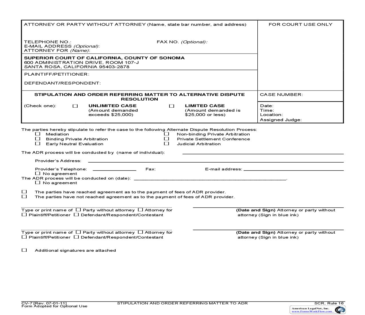 Stipulation And Order Referring Matter To Alternative Dispute Resolution {CV-7} | Pdf Fpdf Doc Docx | California